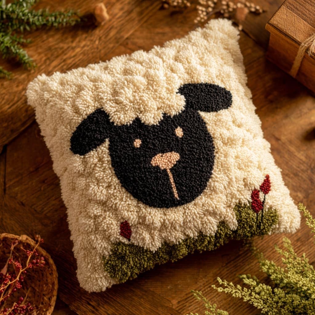 WallustrioaW DIY Latch Hook Pillow Kit,Sheep Pillowcase Kits Embroidery Kits 17X17 Inch DIY Needlework Pillow Cover Sofa Cushion Rug Making