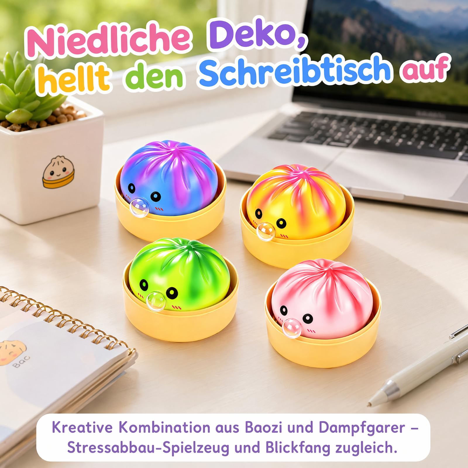 4 Stück Dumpling Squishy, Squishy Dumpling, Weiches Squeeze Stressball Fidget Toys, Mystery Squi-Shy Bun with Steamer Box Decompression Dough für Kinder Erwachsene Büro