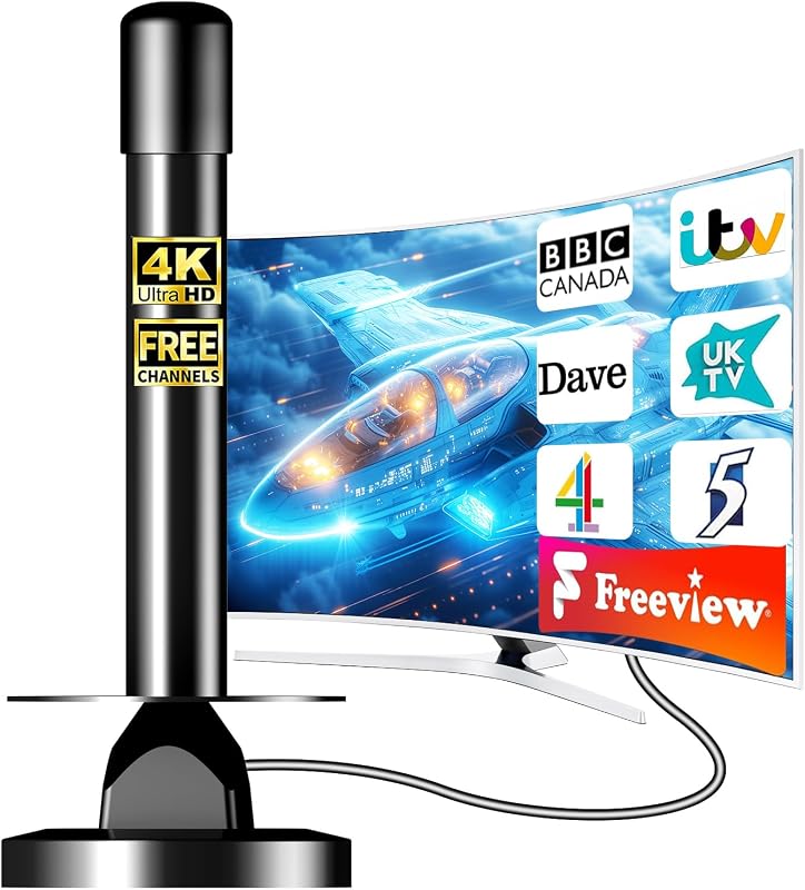 Indoor TV Aerial Freeview HD, Digital TV Aerial Indoor with 360° Reception, HD TV Aerial Strong Signal, Magnetic Base, 4K 1080P Support, Plug & Play for Smart TV & Old TVs, 5m Cable