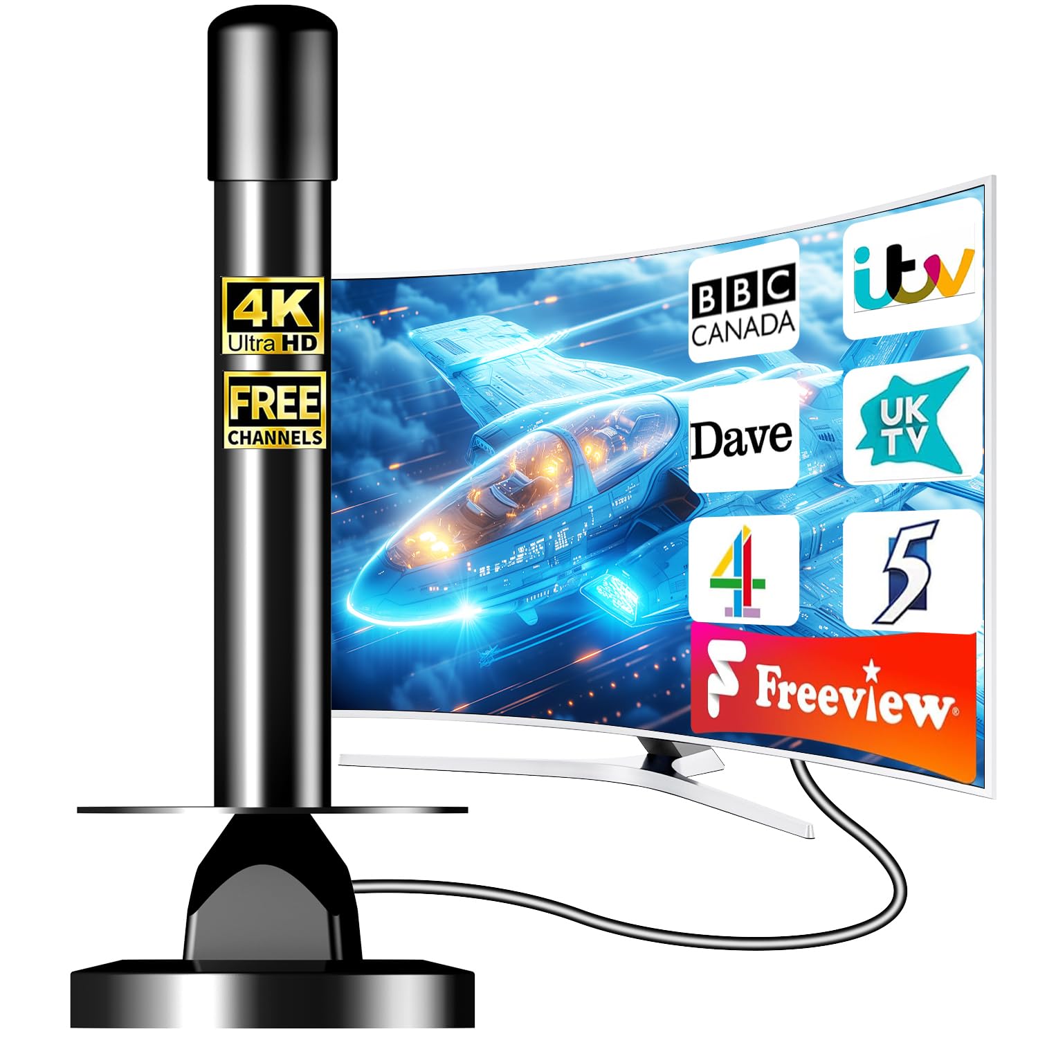 Indoor TV Aerial Freeview HD, Digital TV Aerial Indoor with 360° Reception, HD TV Aerial Strong Signal, Magnetic Base, 4K 1080P Support, Plug & Play for Smart TV & Old TVs, 5m Cable