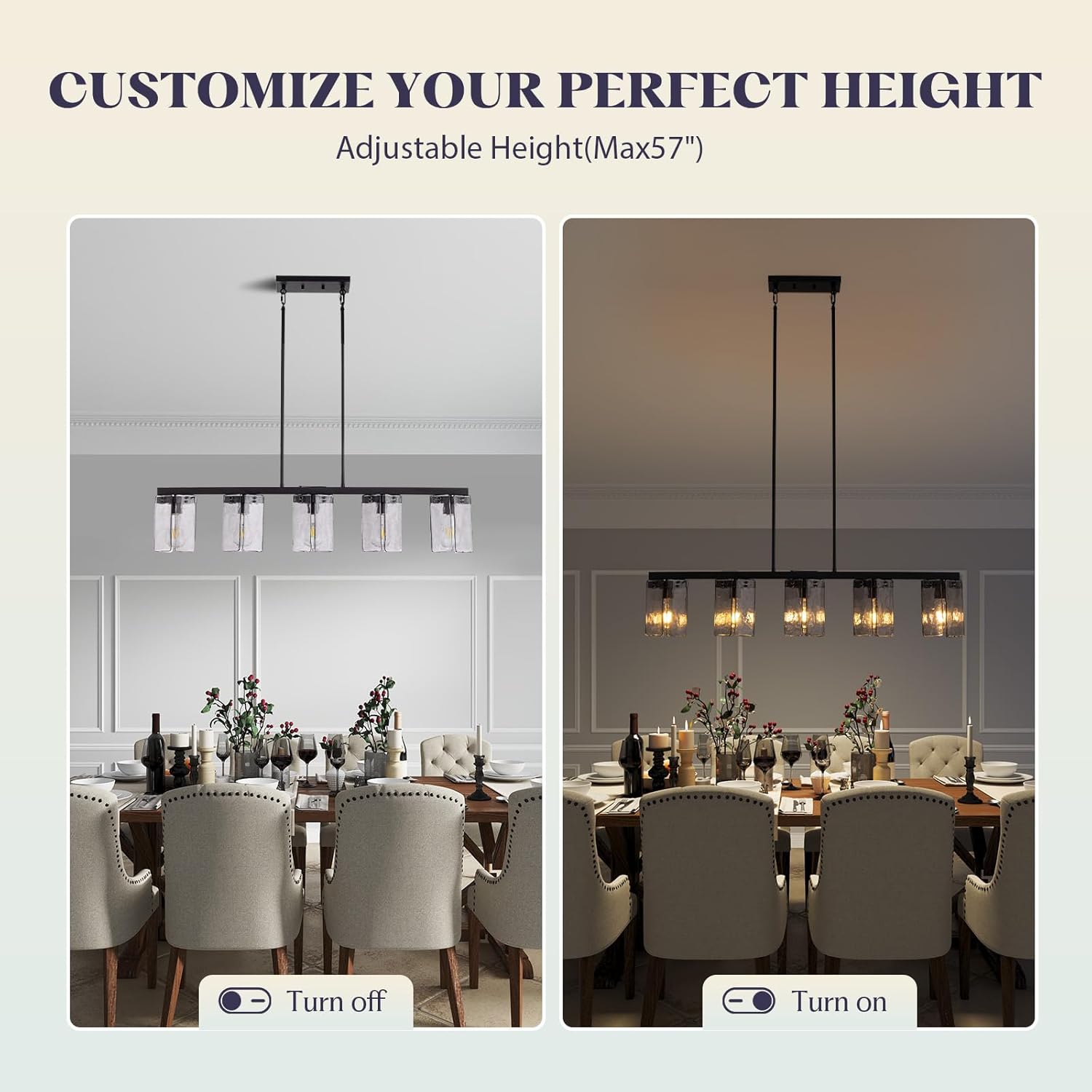 L41.3 ''Farmhouse Linear Chandelier for Dining Room,5 Lights Kitchen Island Light Fixtures,Matte Black Chandeliers with Smoked Glass Shade,and Height Adjustable
