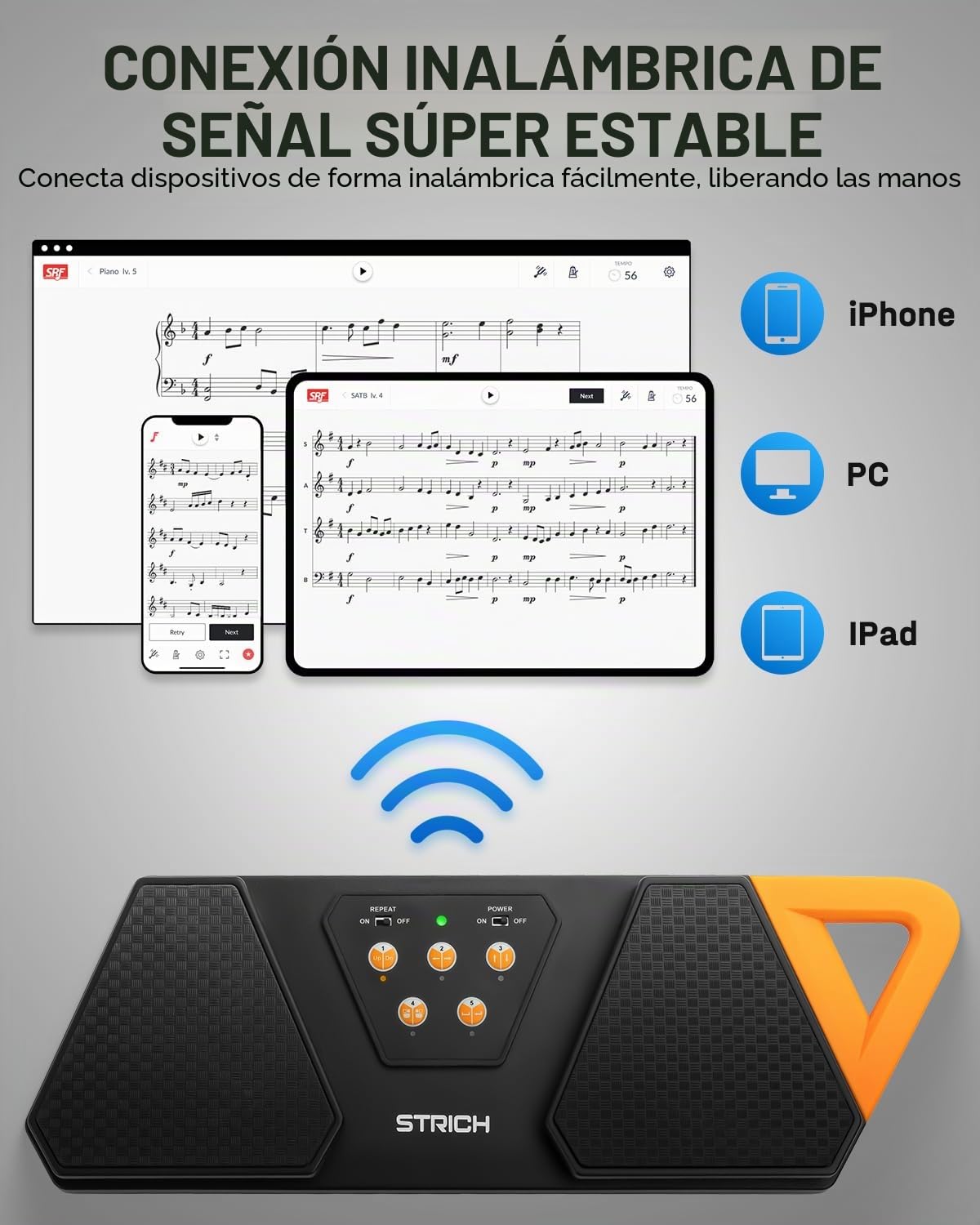 STRICH - Pedal inalámbrico para pasar páginas para instrumentos musicales, pedal de pie portátil de goma antideslizante, volteador de páginas musical recargable silencioso para iPad, tabletas