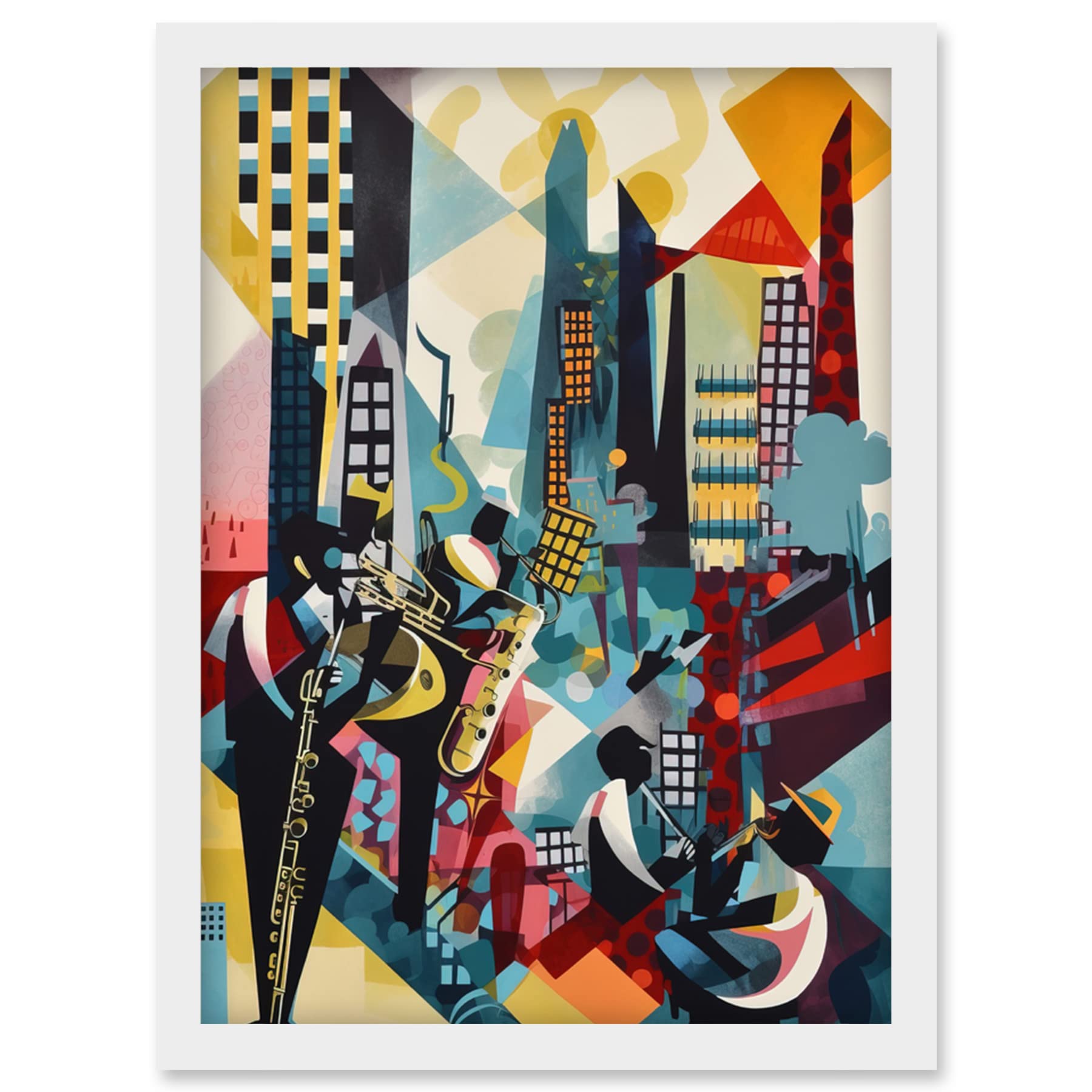 A4 Framed Watercolour Illustration - Jazz Musicians on Rooftop - Urban Landscape - Abstract Modern Art Print - Artery8