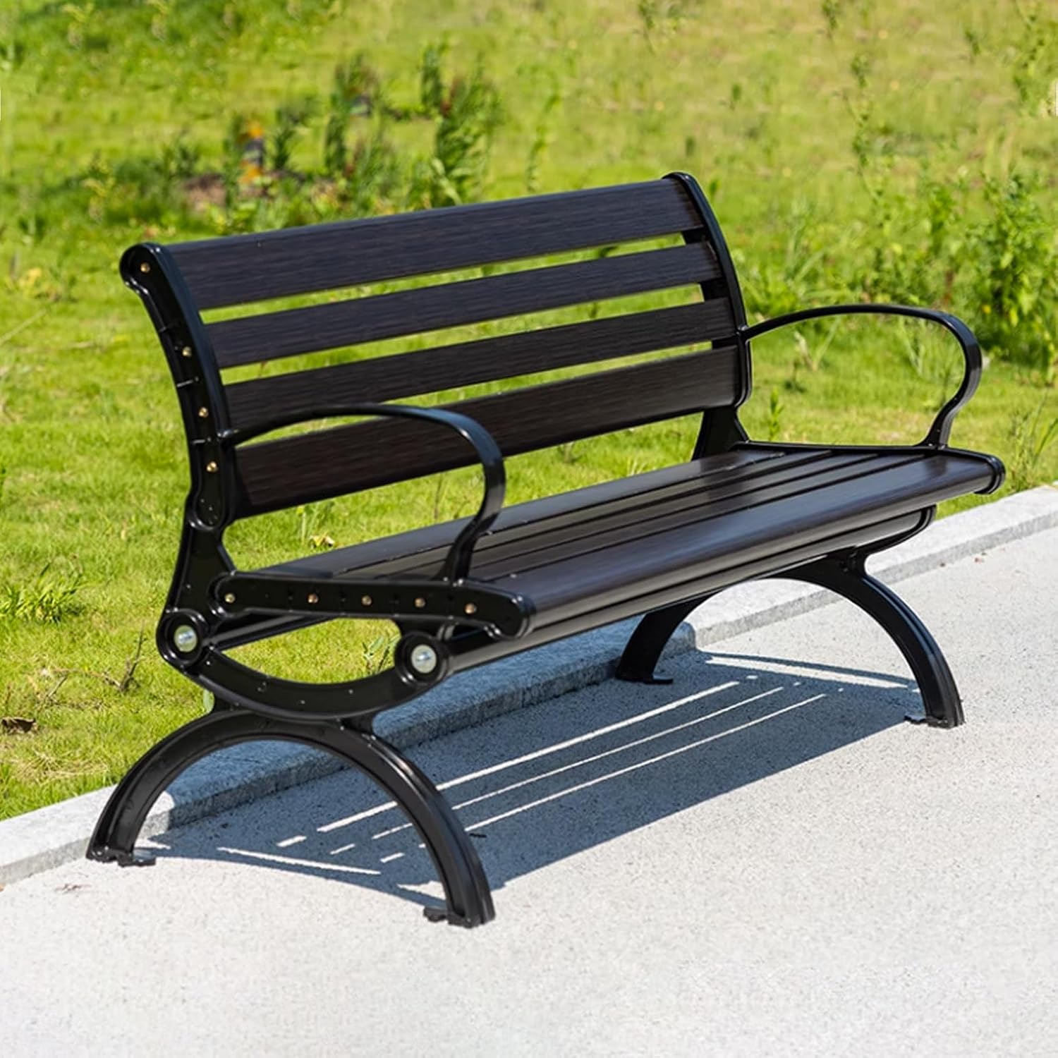 Outdoor Bench, Garden Bench, Patio Metal Bench, Weatherproof Garden Bench, with Curved Backrest and Armrest, Patio Garden Bench for Porch, Yard, Park, Lawn, Black(With backrest,120cm/47.2in)