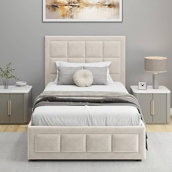Upholstered Ottoman Bed Single Bed Frame UKFR Velvet Beige Ottoman Storage Bed With Gas Lift End Opening Wooden Slats With Storage Bed (3ft Single 90 x 190, No Mattress)