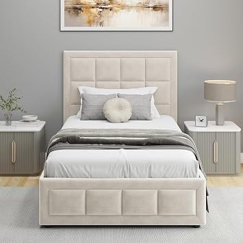 Upholstered Ottoman Bed Single Bed Frame UKFR Velvet Beige Ottoman Storage Bed With Gas Lift End Opening Wooden Slats With Storage Bed (3ft Single 90 x 190, No Mattress)