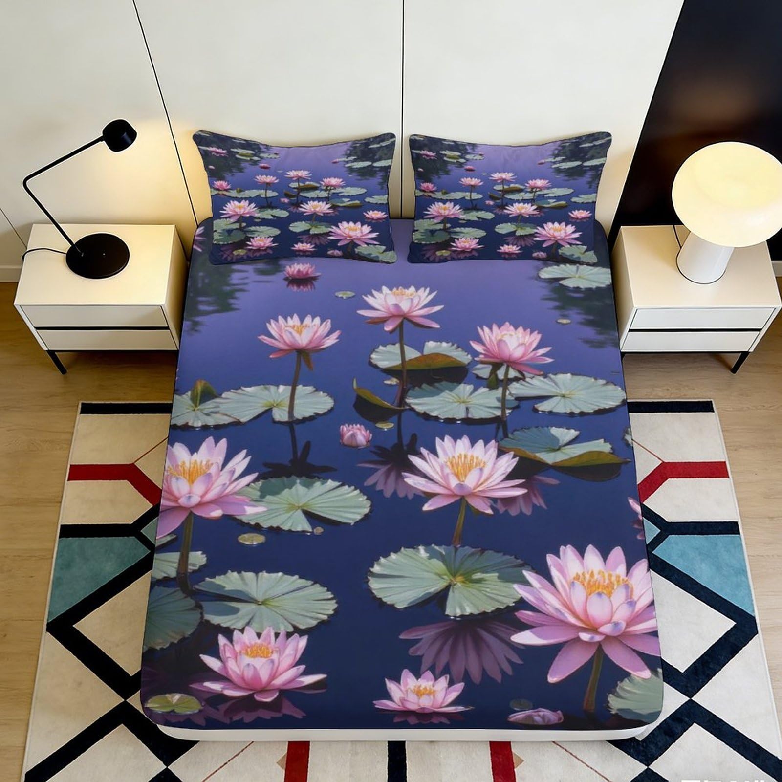 3D Printed Pink Lotus Pond Fitted Sheet Microfiber Soft Bedroom Decor Water Lily Mattress Cover for All Ages 90x200x25cm