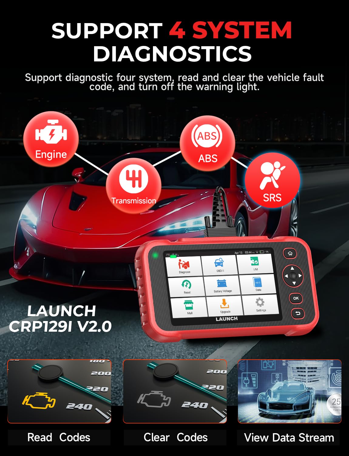 LAUNCH CRP129I V2.0 OBD2 Diagnosegerät, 4 System Diagnosegerät Auto mit 12 Reset, Motor Getriebe ABS SRS, Lifetime Fr-ee Update, ABS/SAS/Öl/BAT/DPF/TPMS Reset Auto VIN (5.0 inches)