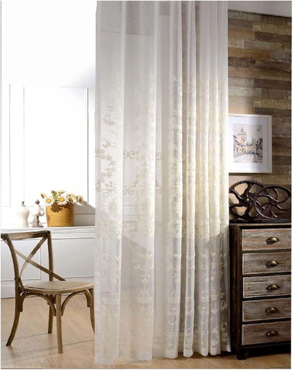 Voile Curtain Bedroom 2 Panels 2 x 52 W x 84" H,Sheer Curtains Living Room White Flower Embroidery Drapes Hook for Living Room