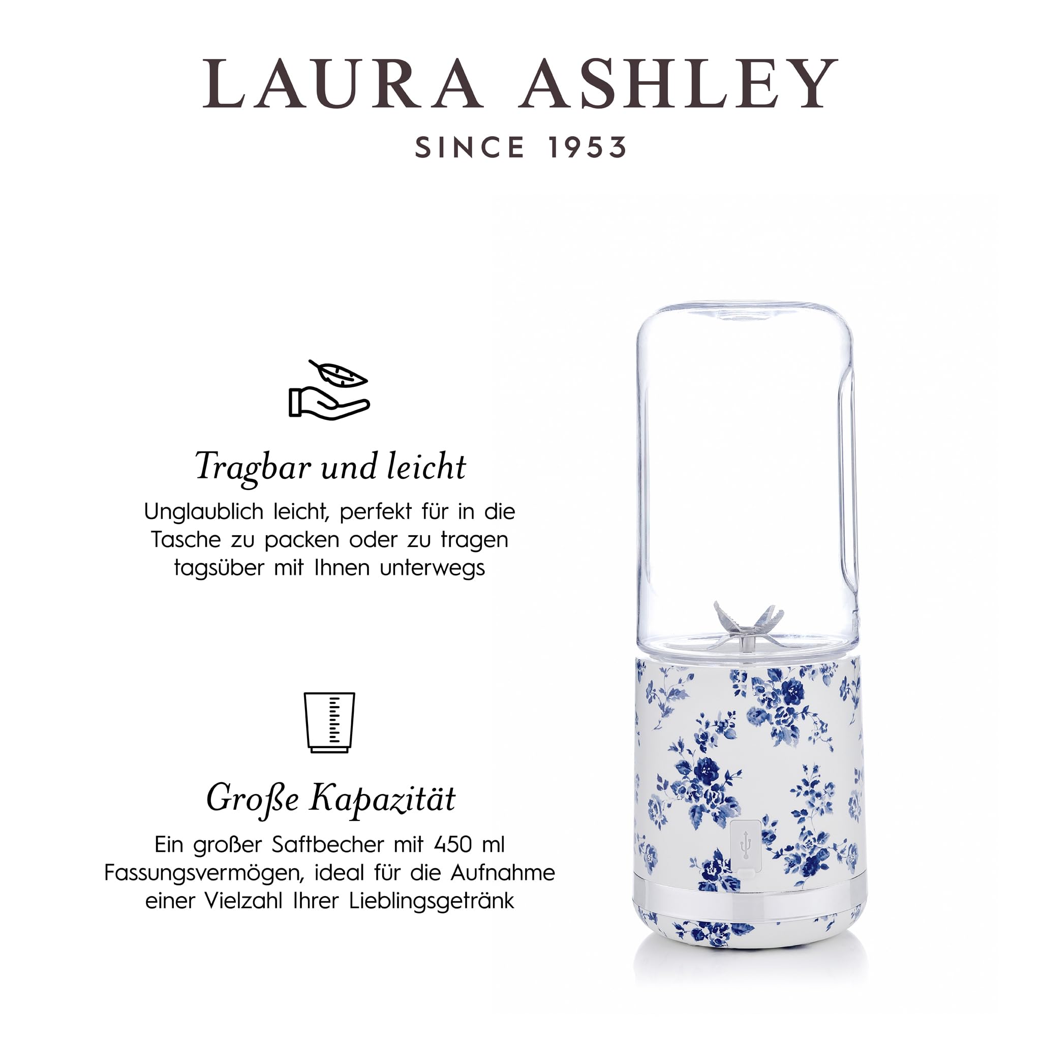 Laura Ashley Portable Blender Smoothie Maker to Go mit China Rose Design und 450 ml Flasche von VQ – USB Aufladbarer, Leistungsstark, und Kompakter Smoothie Mixer, Perfekt für Küche, Sport, und Reisen