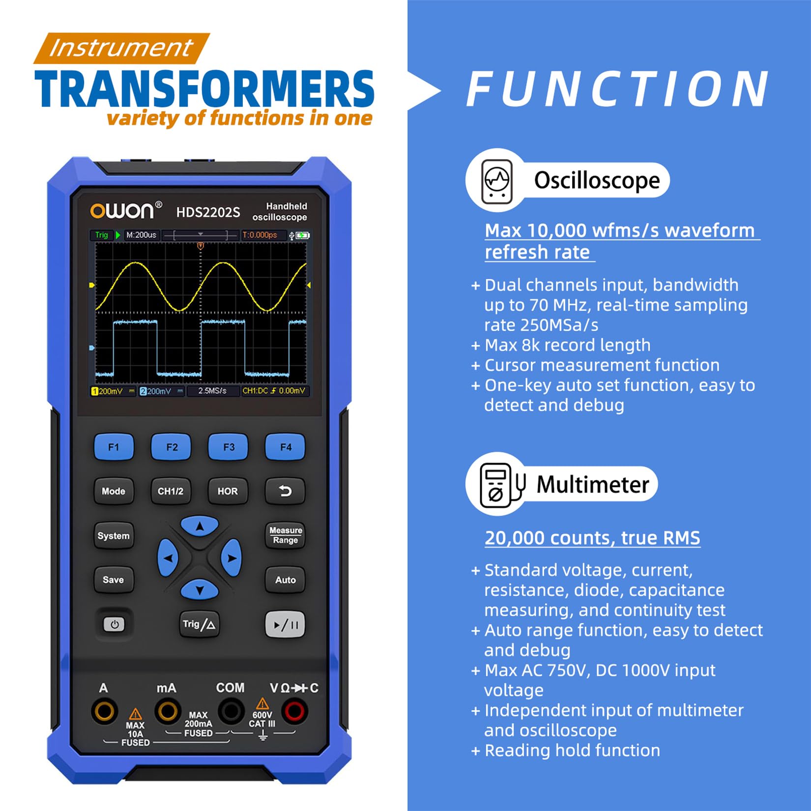 OWON HDS2202S 3 in 1 Hand oszilloskop, 200MHz Bandbreite USB Typ C mit 3,5 Zoll LCD Display, 20000 Zählungen Digital multimeter, 2Kanal Digital Oszilloskop und 1Kanal Wellenformgenerator