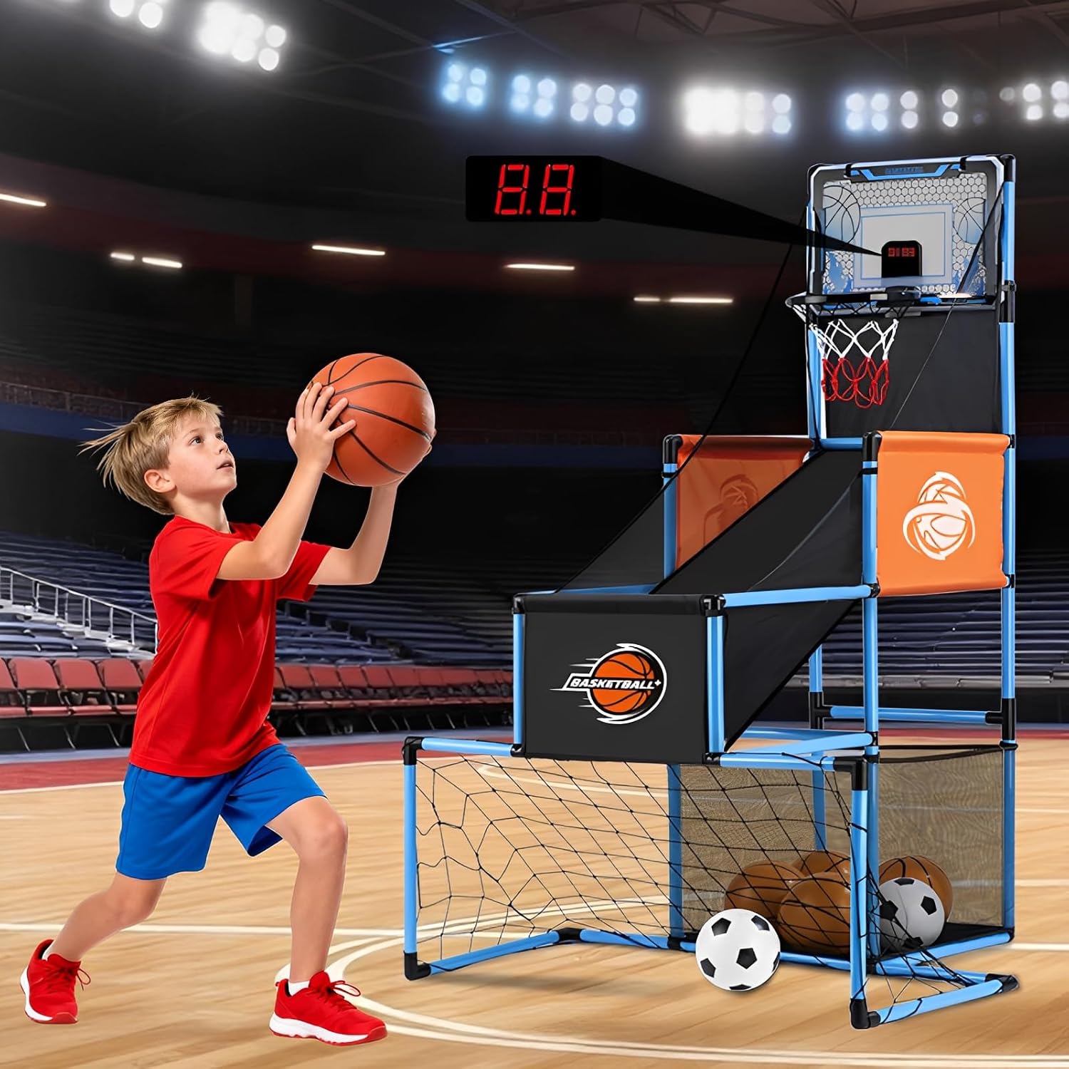 2 in 1 Basketball Arcade Game & Soccer Goal for Kids, Adjustable Kid Basketball Hoop with 6 Balls and Pump, Indoor Outdoor Games for Kid Toys for 3-12 Year Old Kids Birthday Gifts for Boys Girls