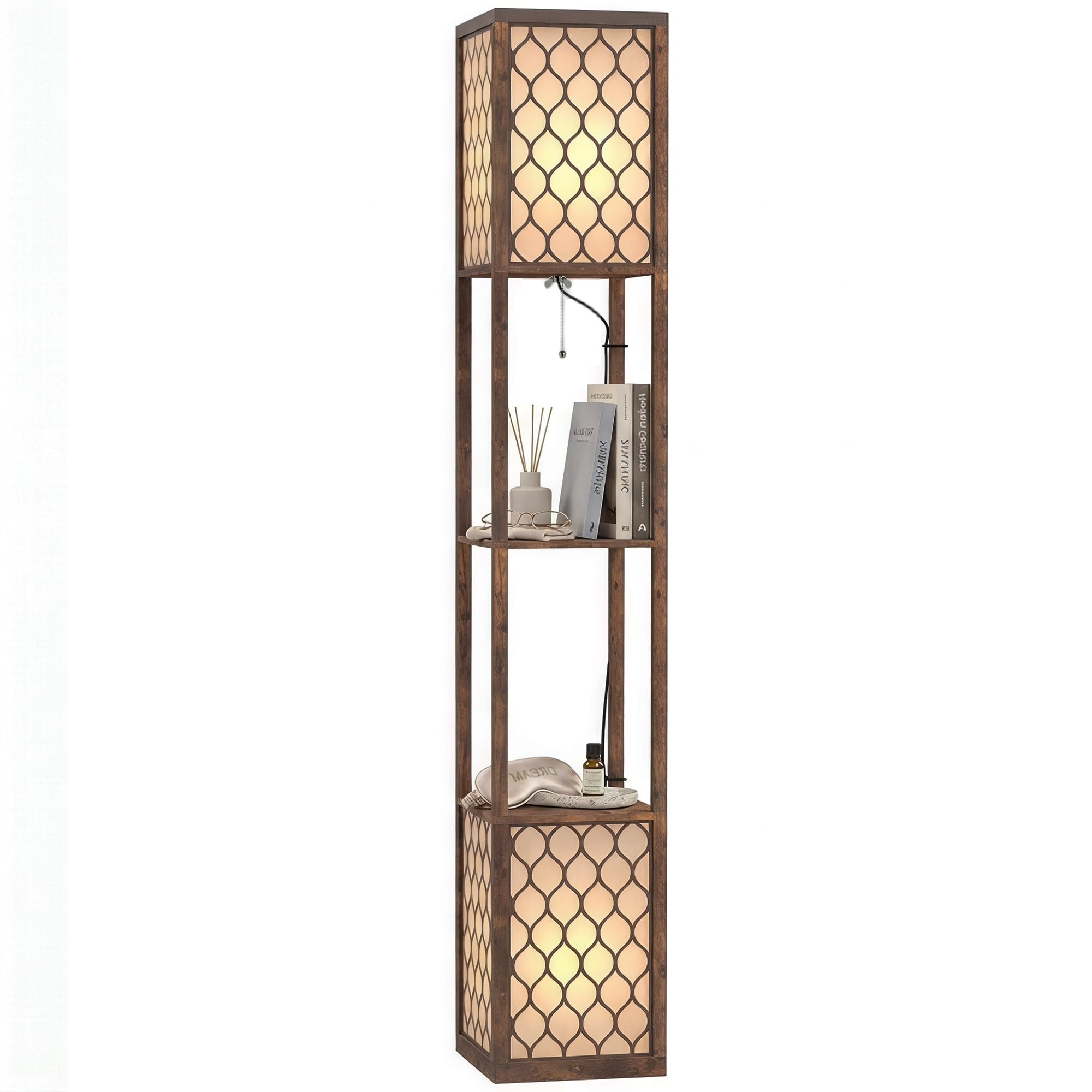 Homcom Rustic Brown Floor Lamp With Shelves, Modern Tall Standing Lamp,