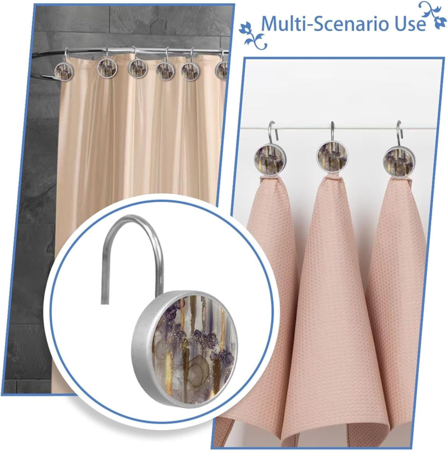 Mid Century Modern Brown Gray Purple Gold Beige Decorative Shower Curtain Hooks Rings Set of 12 Hooks for Shower Curtain Rustproof Curtain Rings for Bathroom