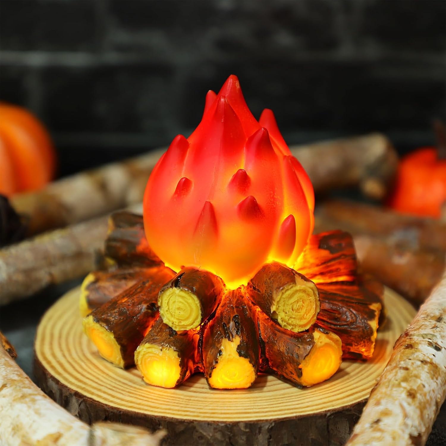 NUOBESTY Creative Simulation Mini Campfire Lamp, Led Flameless Bonfire Light, Fake Flame Table Lamp for Indoor Decor, Resin, Multi-Color, 4. 52 X 4. 52 X 4. 33 Inch, Battery Operated