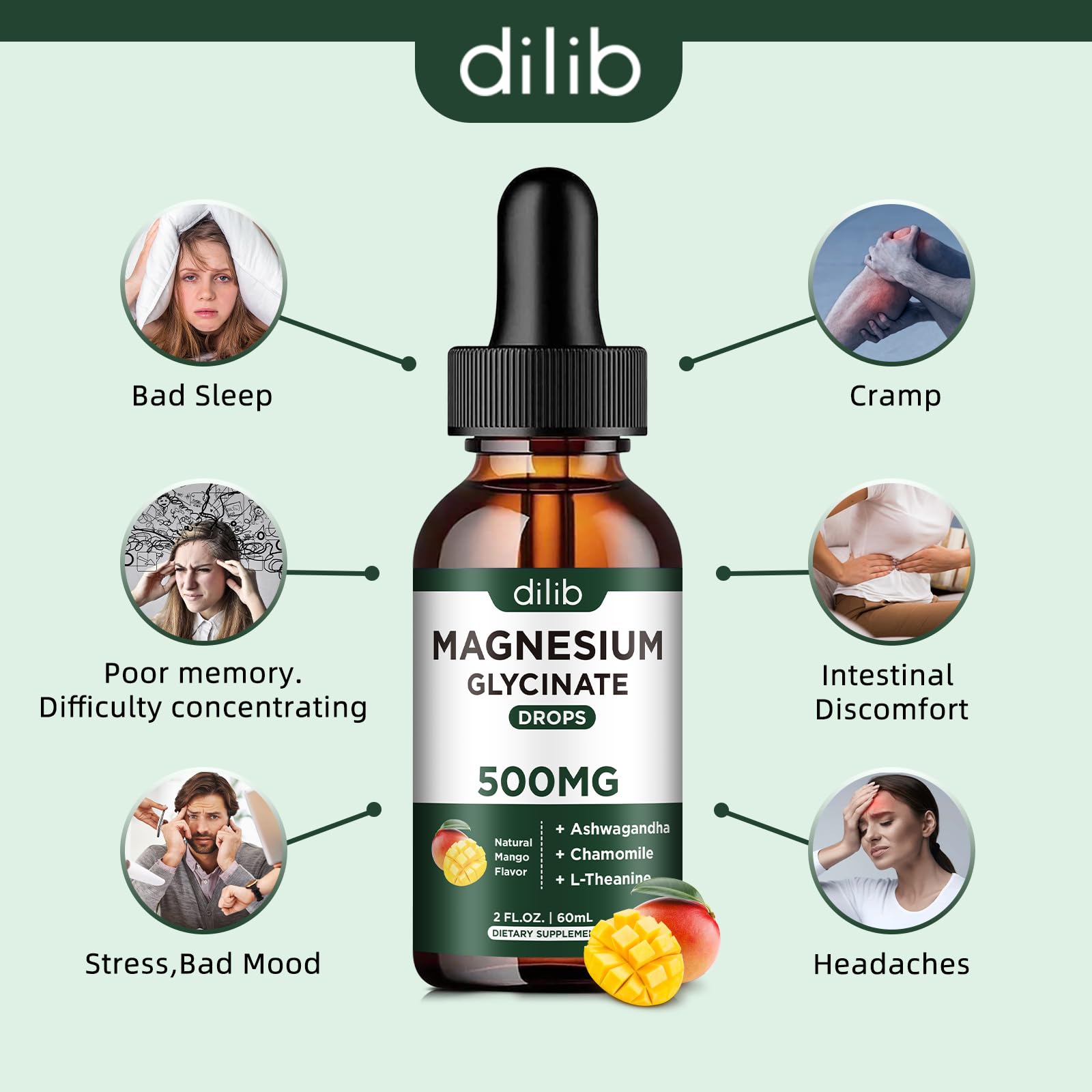 Magnesium Glycinate Supplement, Magnesium Liquid Drops with Magnesium Glycinate 500mg Ashwagandha, L - Theanine, Chamomile -Support Stress Relief, Bone, Muscle, Mood Vegan Natural Mango Flavor — Amazon image 4
