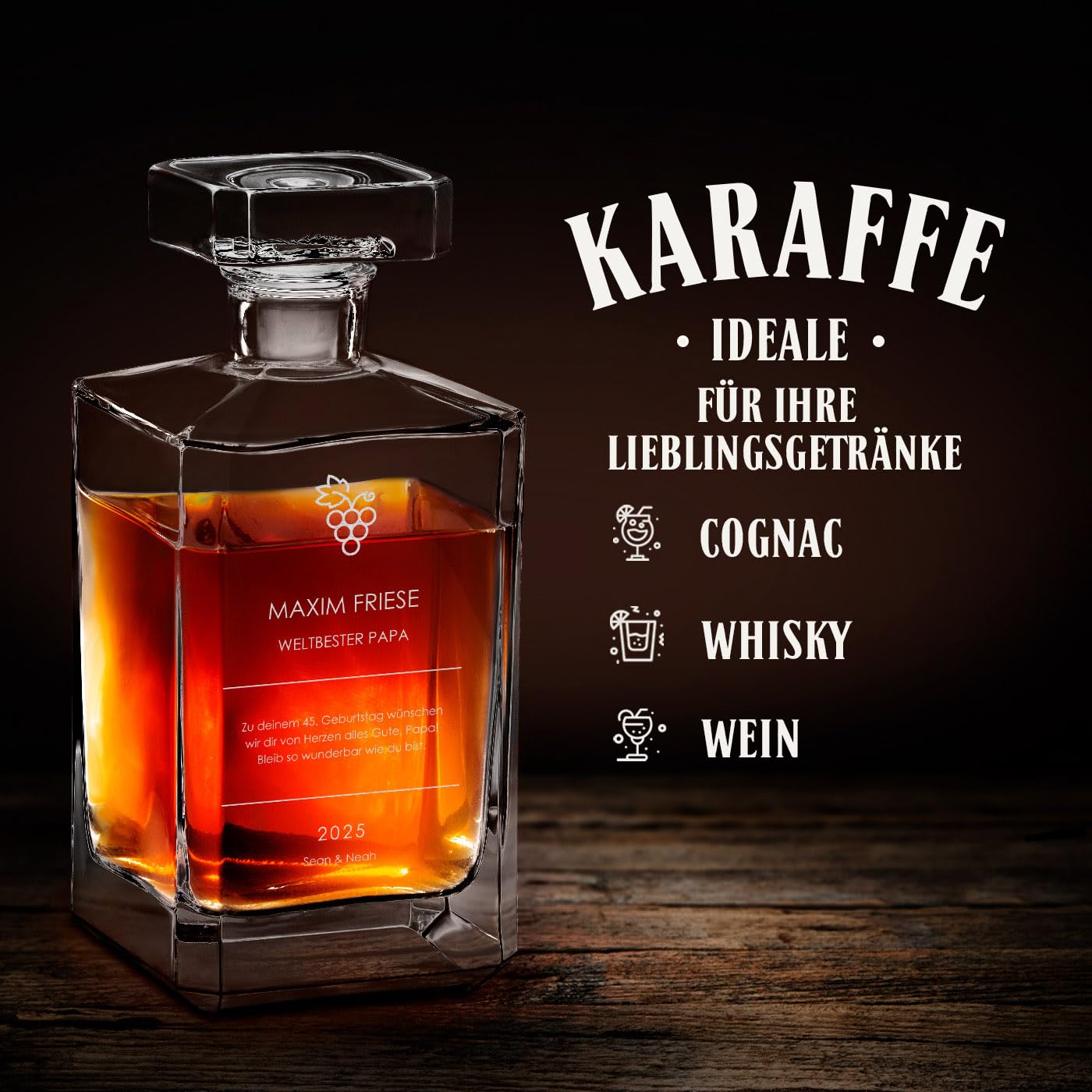 Maverton Bourbon Whiskey Karaffe + 6 Whiskygläser mit Gravur personalisiert