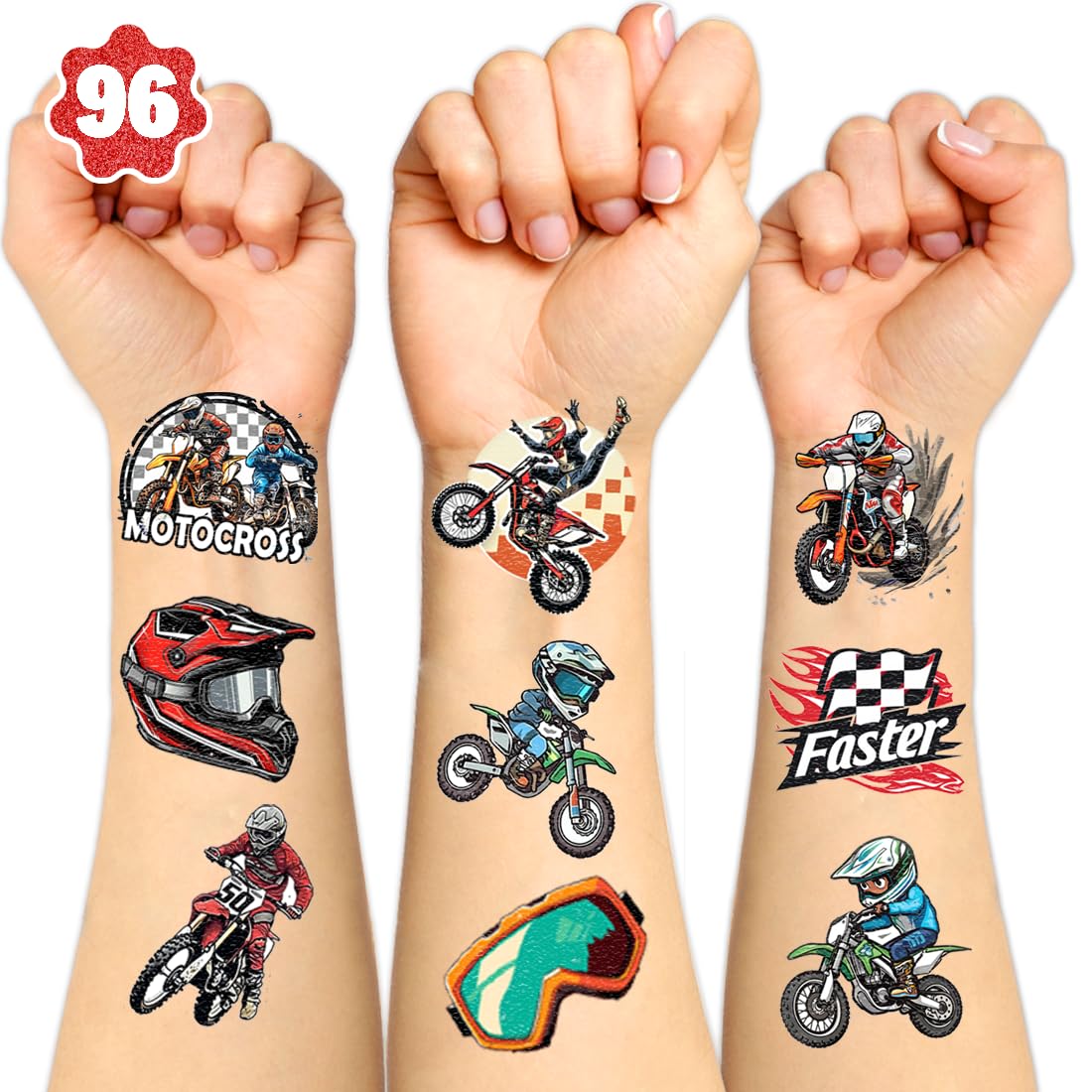 (96pcs) Dirt Bike Temporary Tattoo Stickers Birthday Decorations For Boys, Motocross Gifts Party Favors Supplies For Kids Waterproof Sticker