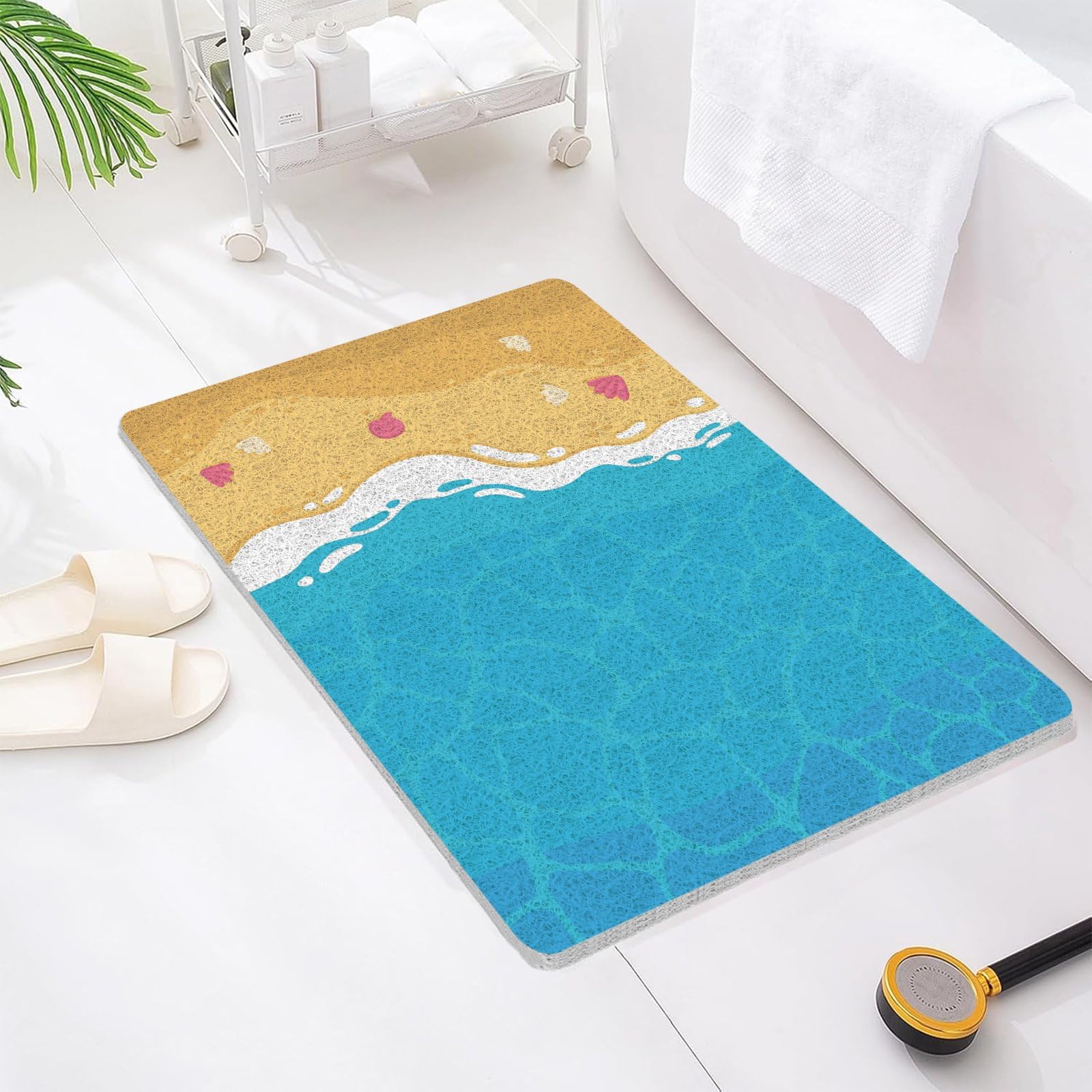 Tapis de bain antidérapant extra long pour l'intérieur, en luffa en PVC souple avec drainage, séchage rapide pour zone humide, sans ventouse, 80 x 120 cm, jaune bleu