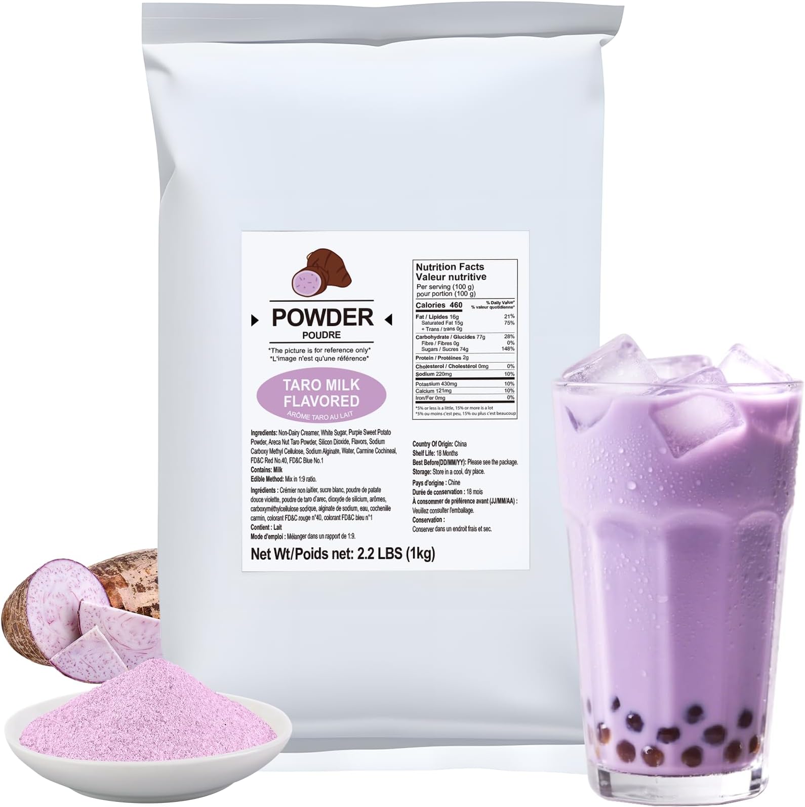 Taro Flavored Powder, 2.2 lbs (1kg) – Instant Bubble Tea Mix with Creamer & Sugar, Easy to Prepare, Perfect for Boba Drinks & Desserts