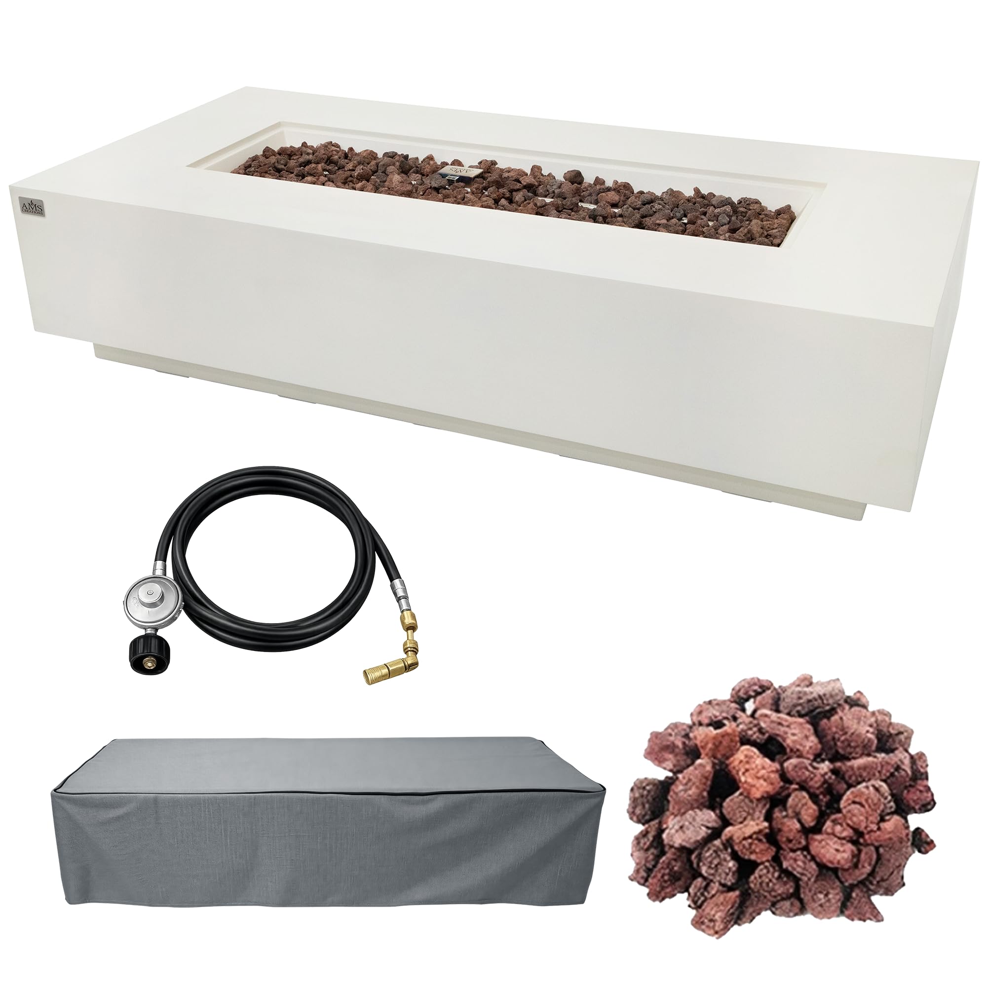 AMS 72" Rectangular Cast Concrete Propane Gas Fire Pit Table (Cream White)