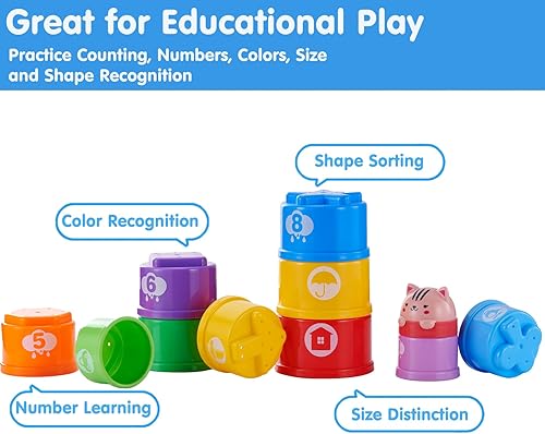 Miniatura 6 de Wanonoo Juego de juguetes de vasos apilables para bebés de 1 a 3 años, vasos anidables, juguetes para bebés de 12 a 18 meses, juguetes de baño para
