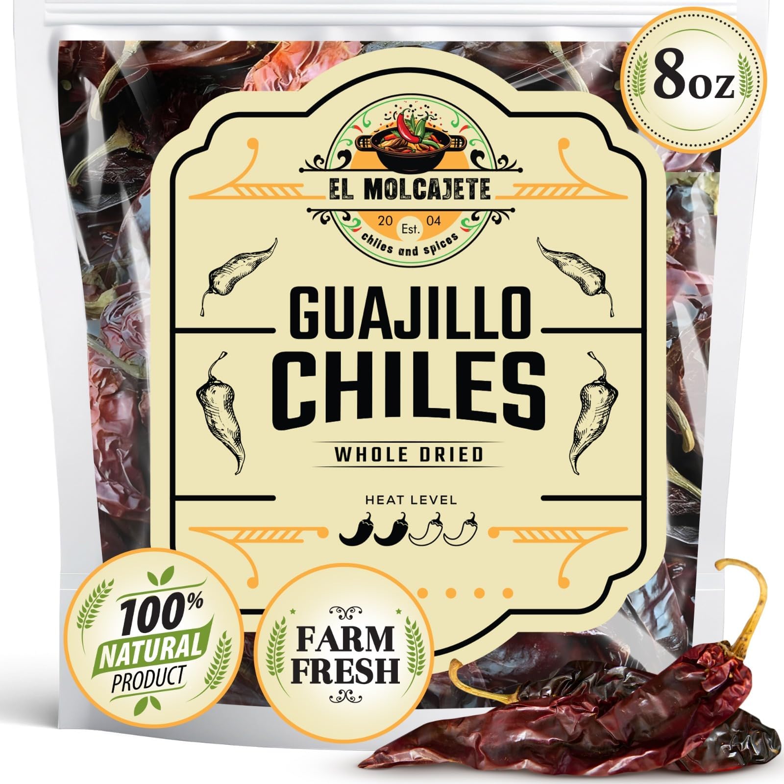 Dried Guajillo Chile Peppers 8oz – All Natural, Mild to Medium Heat with Bold, Smoky Flavor for Authentic Mexican Mole, Salsas, Sauces, Meats & Enchiladas by El Molcajete