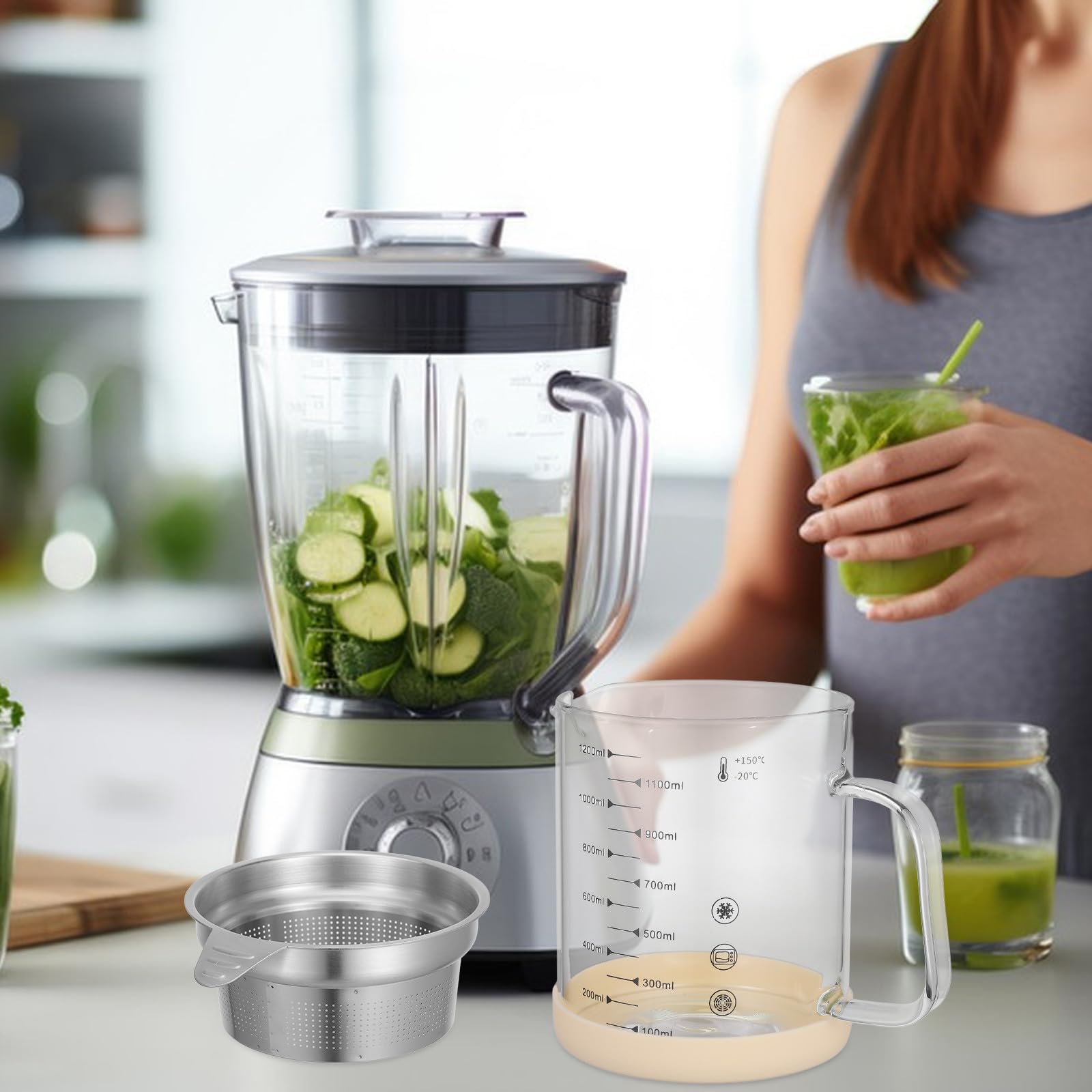 Fettabscheider Multifunktionaler Saft und Sojamilchfilter mit Edelstahlfilter aus Glas 1200ml für Einfache Reinigung und Silikongriff in Küche