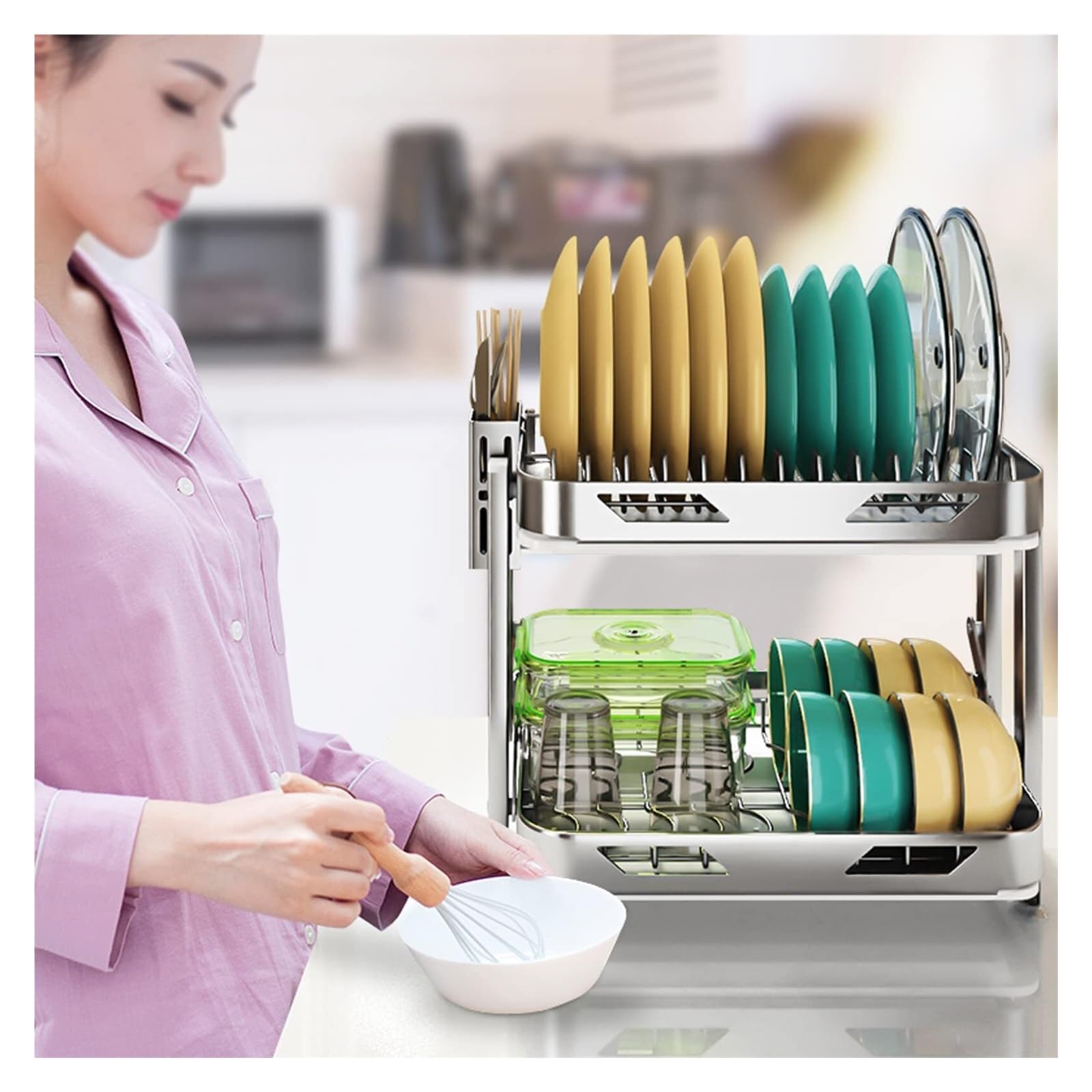 Genérico Escurridor de Platos de Acero Inoxidable con escurridor, escurridor de encimera de Cocina Inoxidable, for secar tazones, Platos y Tazas(2 Layer 42x35cm)