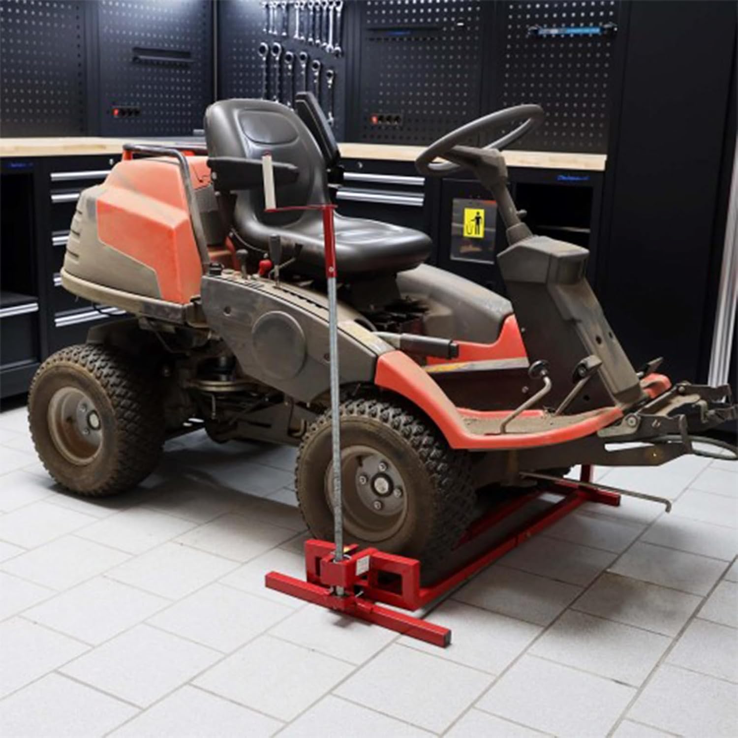 Adjustable Lawn Mower Lift for Riding Tractors, 800 lbs Capacity, 45° Tilt, Universal Lift for Lawn Tractors, Ride-On Mowers, and Cleaning (Red)