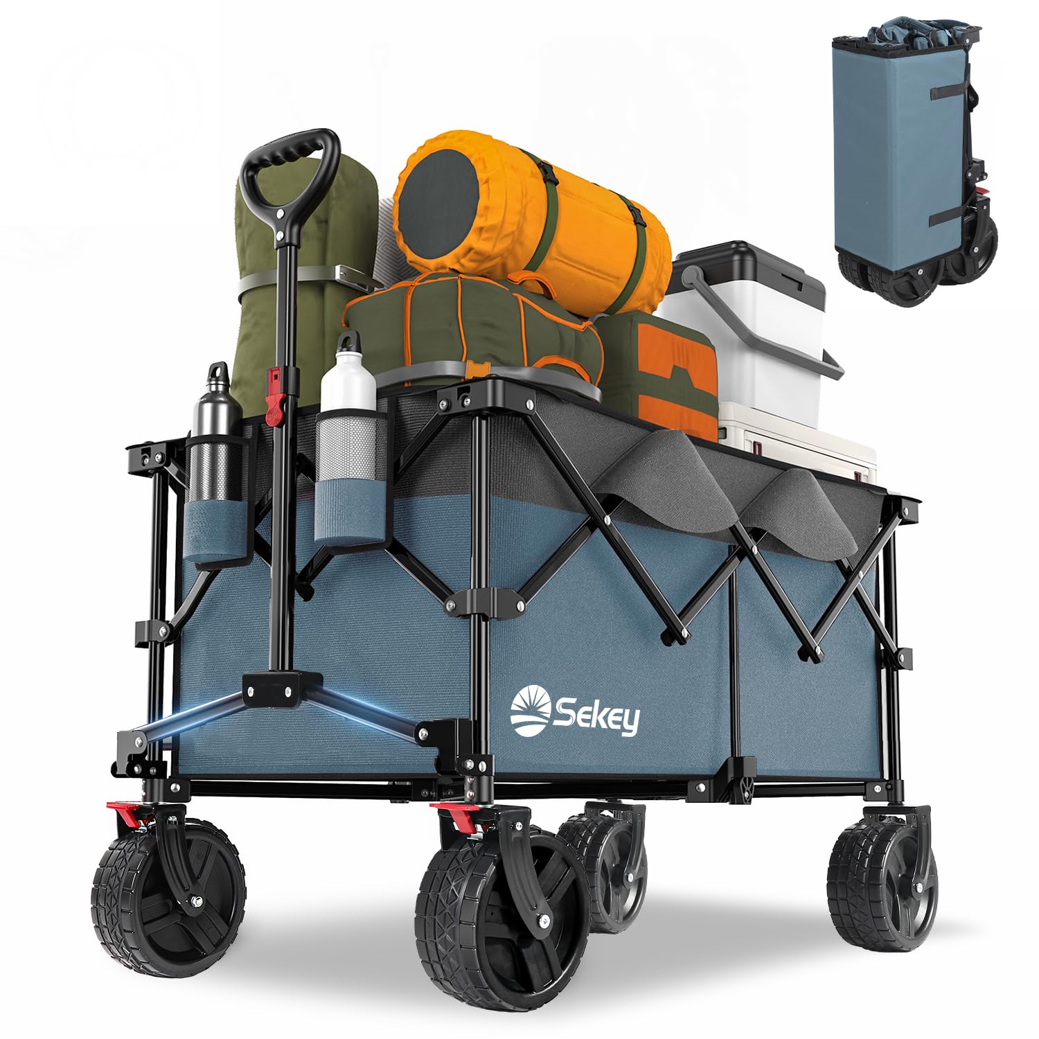Sekey XXL Plus Chariot de Jardin Pliable avec Freins 200L 150KG, Chariot de Transport Tout-Terrain avec Roues Extra Larges 17x10 cm, Pliable Breveté dans Quatre Directions SE4011, Bleu avec Gris
