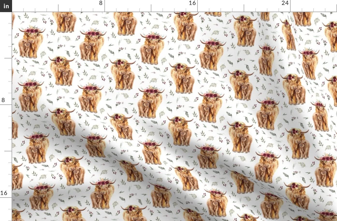 Spoonflower Fabric - Highland Cows Leaves Maroon Floral Calf Cattle Cow Printed on Organic Cotton Sateen Fabric by The Yard - Sewing Quilting Apparel Home Decor