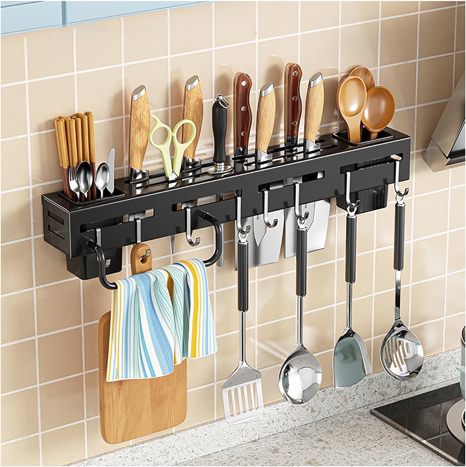 Spice Rack Organizer， Dish Drying Rack Microwave Oven Rack， with Drainboard Tray， Cup Holder and Utensil Holder， for Bathroom， Bedroom， Kitchen，Black-60x5.5x5.5cm