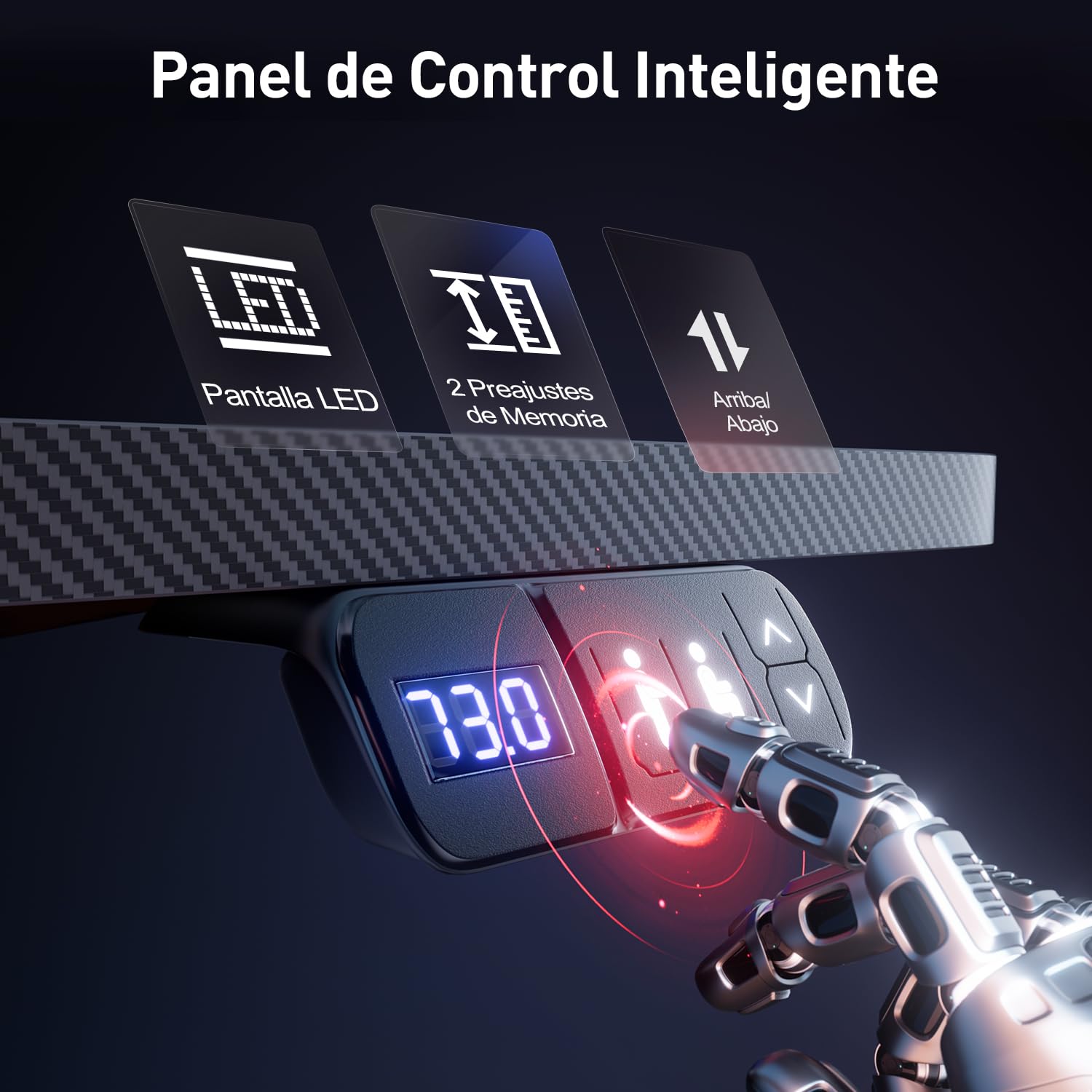 HLFURNIEU Escritorio Elevable Electrico LED 120 x 60 cm, Mesa Gaming con Toma de Corriente, Soporte para Monitor, 2 Control de Memoria, Superficie de Fibra de Carbono, Escritorio Gaming Negro