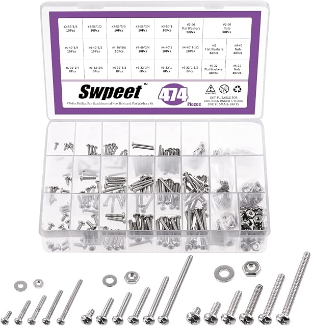 Swpeet 474Pcs #2-56#4-40#6-32 304 SAE Stainless Steel Phillips Pan Head Machine Screws and Nuts Bolts with Flat Washers Assortment Kit, Stainless Steel Screws Hardware Assortment for Home Use