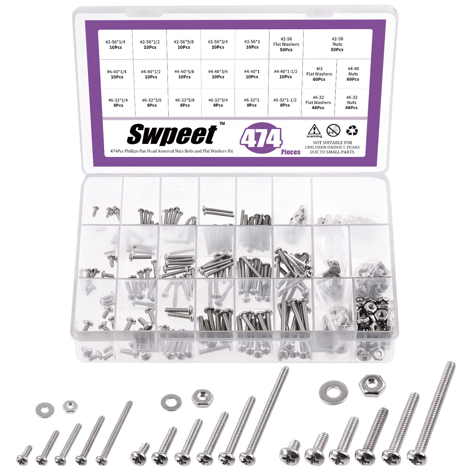 Swpeet 474Pcs #2-56#4-40#6-32 304 SAE Stainless Steel Phillips Pan Head Machine Screws and Nuts Bolts with Flat Washers Assortment Kit