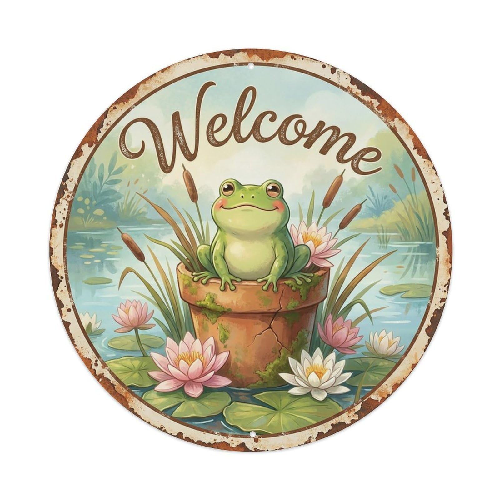 Vintage Welcome Frog Lily Pond Vintage Metal Tin Sign Plaque Wall Decor for Cafe, Club Bar, Office, Garden Metal Poster 8x8Inch