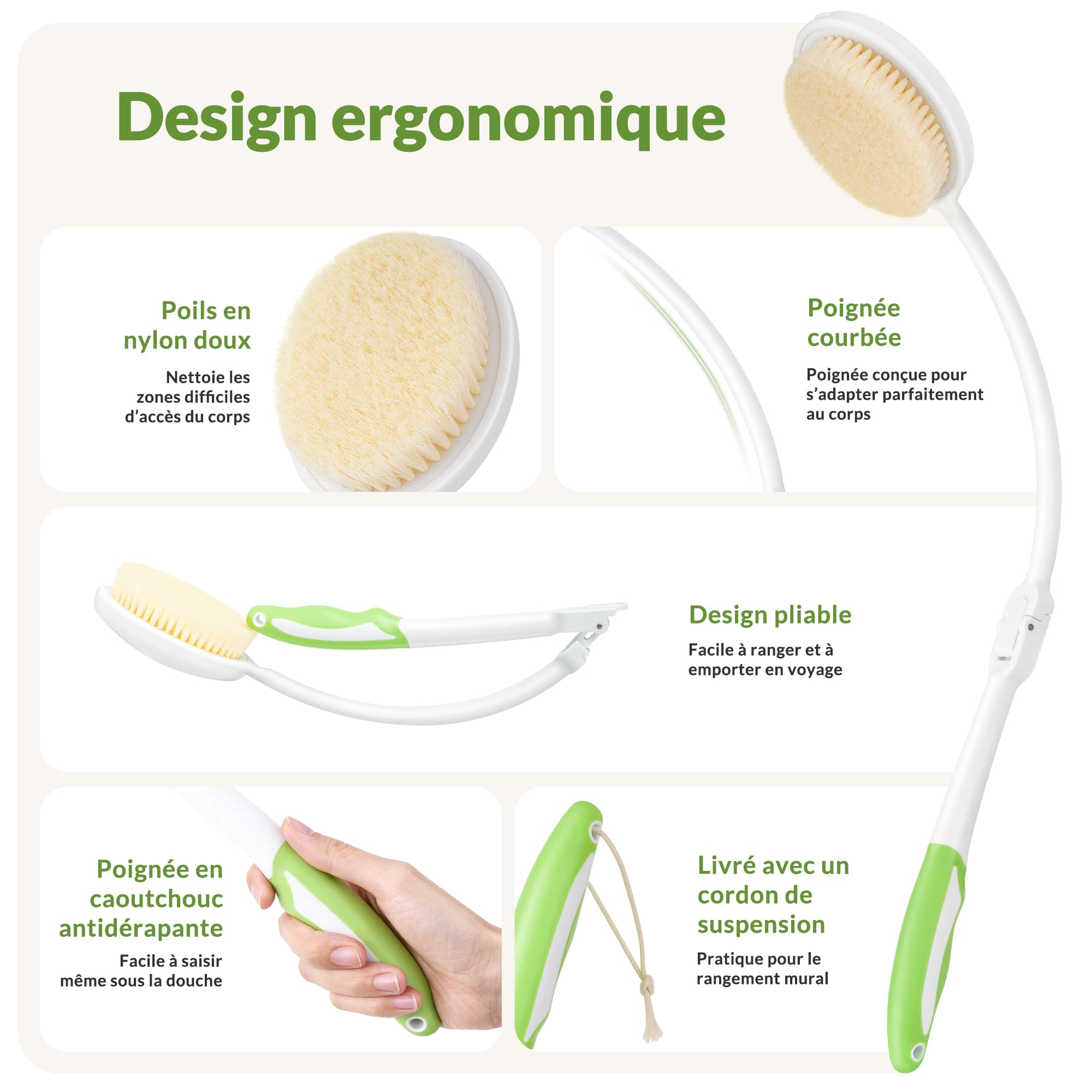 Brosse Dos Douche Pliable à Long Manche – Brosse pour le Dos Douches avec Poils Souples et Serviette Incluse, Brosses Douche Dos Ergonomique pour Nettoyage Corps Entier
