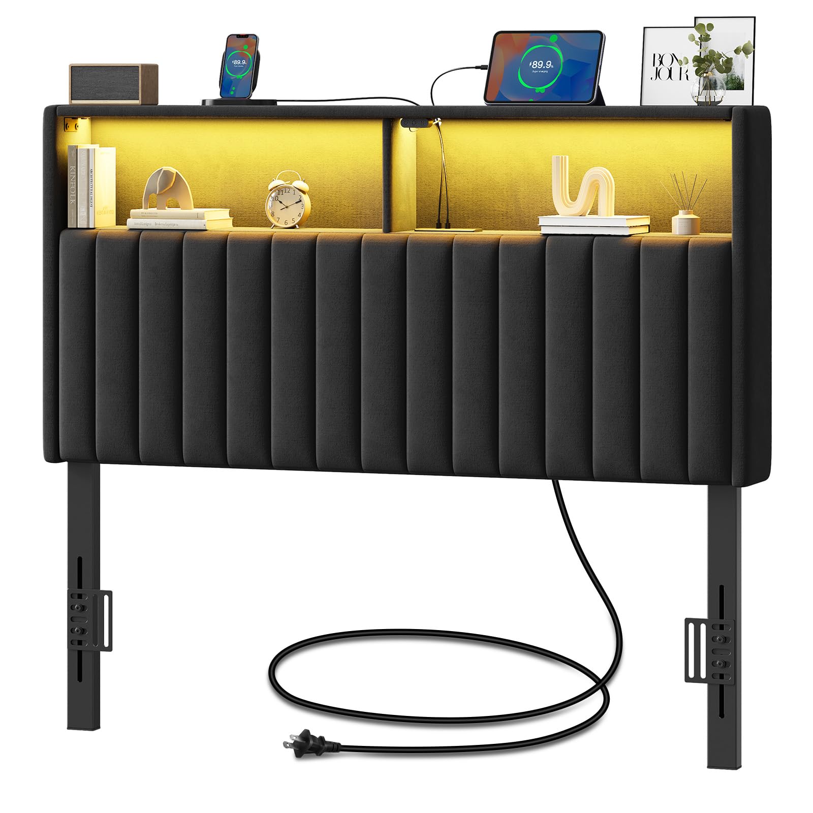 Rolanstar Headboard for Twin Size Bed with Storage, Head Board with USB & Type C Port, 60,000 DIY Color of LED Light, Velvet Upholstered, Height