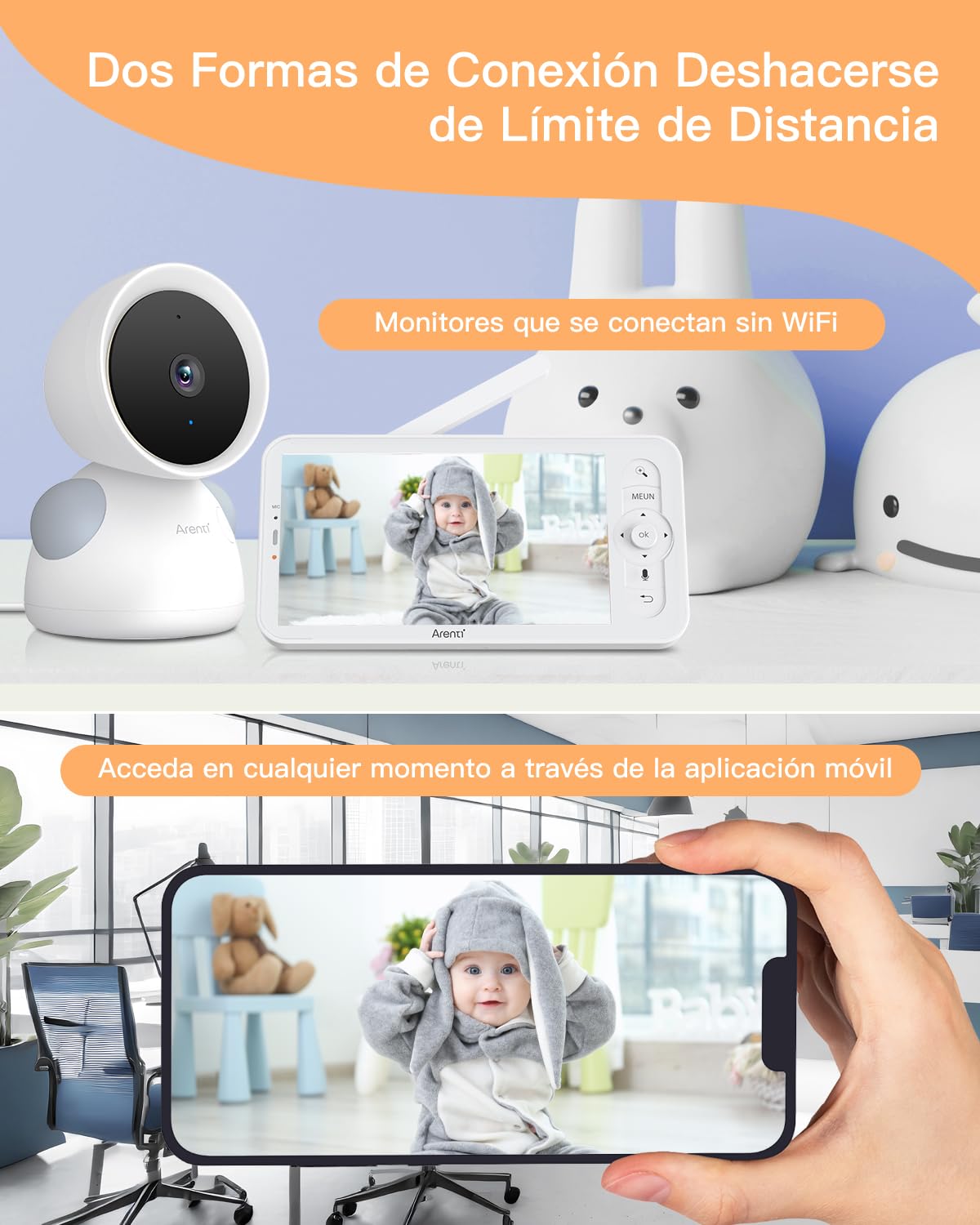 ARENTI 2K/3MP Camara Vigilancia Bebe con 5" Monitor, 2,4GHz WiFi Vigilabebes con Camara, Detección del Llanto, Detección de Temperatura y Humedad, Visión Nocturna, Audio Bidireccional con Alexa & App