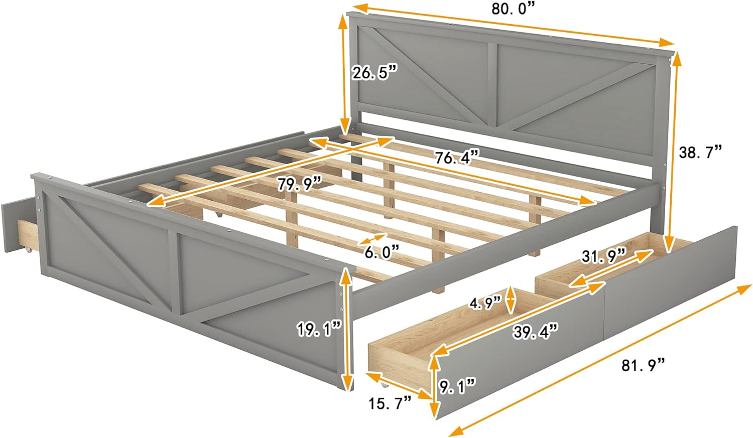 Quarte Minimalist King Size Platform Bed with Four Storage Drawers,Solid Wood Frame Platform Bed with Support Legs,for Teens Adults Bedroom Furniture (Gray#A)