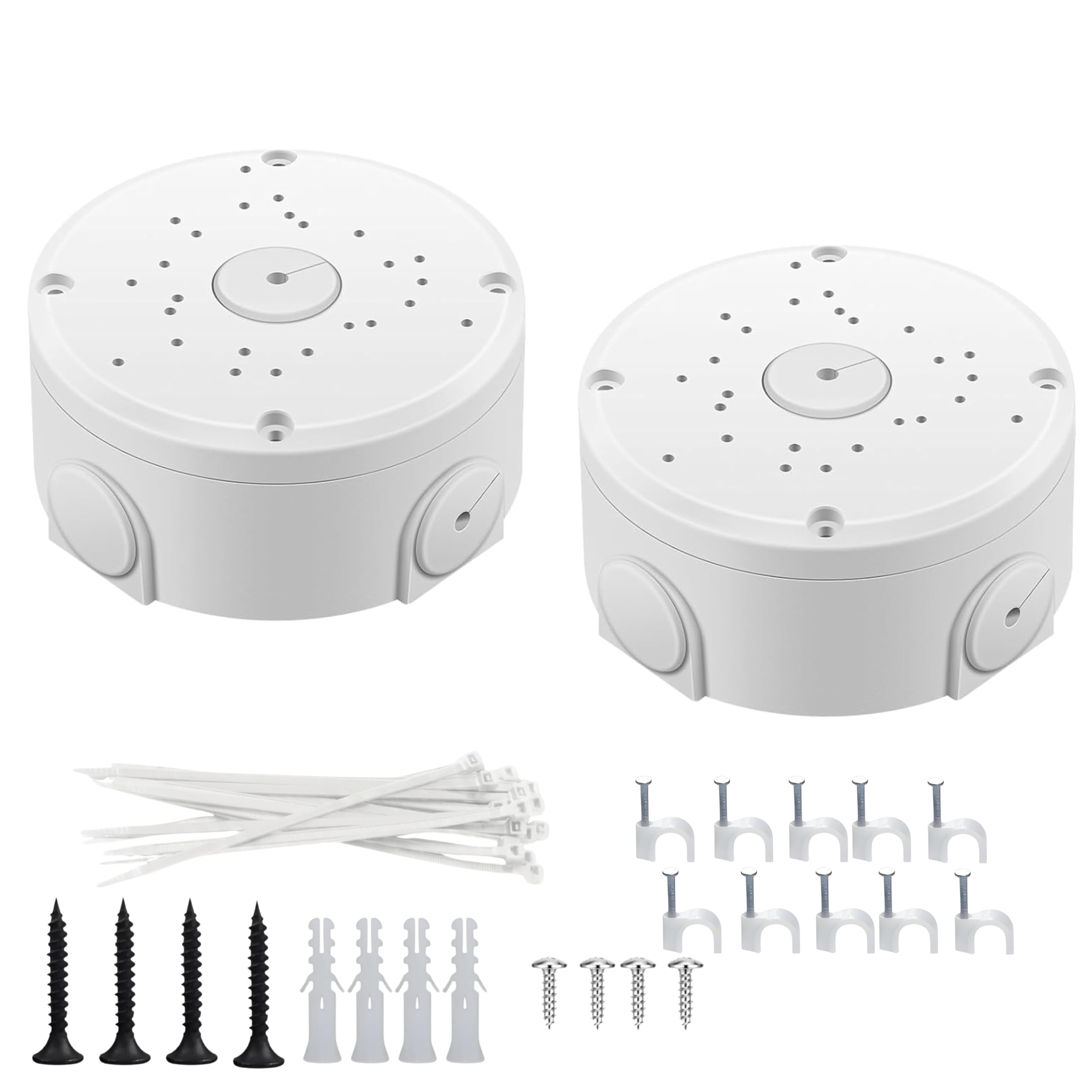 pack of 2 heavy round cctv camera junction box 5x5 inch with 3 cable inlets & cover | waterproof abs wall mount box | includes 10 cable ties & 10 cable clips (8mm)