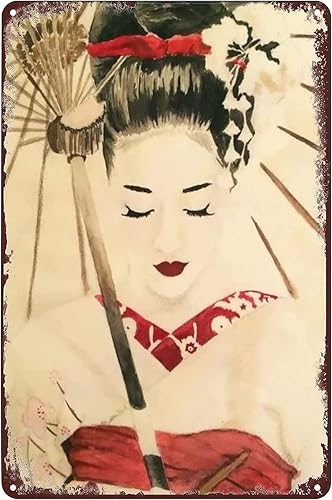 Póster de metal de Geisha japonés, pintura de retrato femenino, letrero de hojalata vintage, decoración de pared, para el hogar, bar, club, sala de