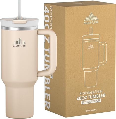 Mont-Clair Tumbler 40oz - Taza Termica Cafe para llevar con Pajita y Tapa - Vaso Termico Acero Inoxidable con Asa - Hermético - Fría durante 10 horas - Helada durante 48 horas - 1200ml - Cuarzo Rosa