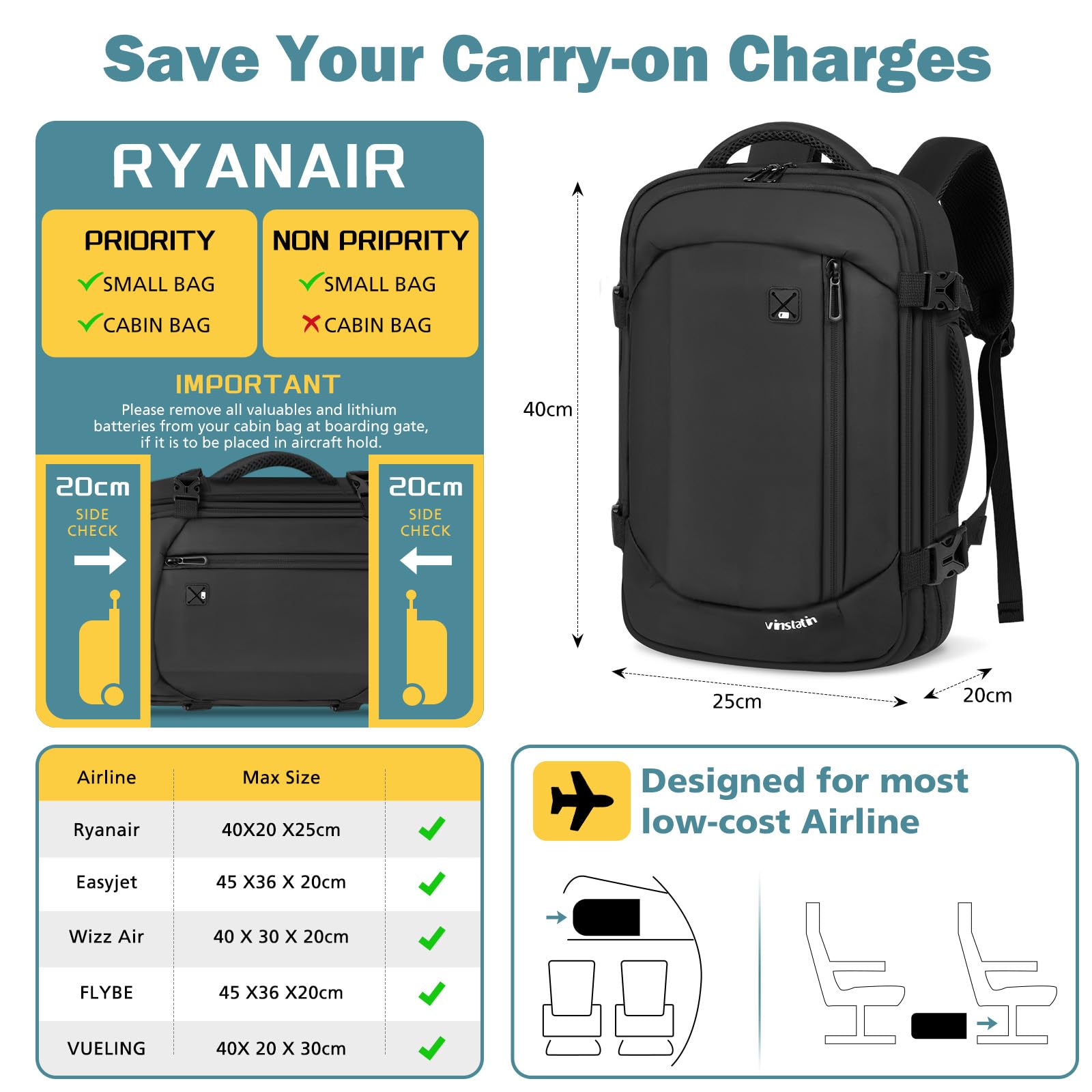 Vinstatin Zaino Bagaglio a Mano 40x20x25 cm Cabina Approvato Ryanair 20L Zaino Viaggio Business Unisex Leggero con Organizer (Nero)