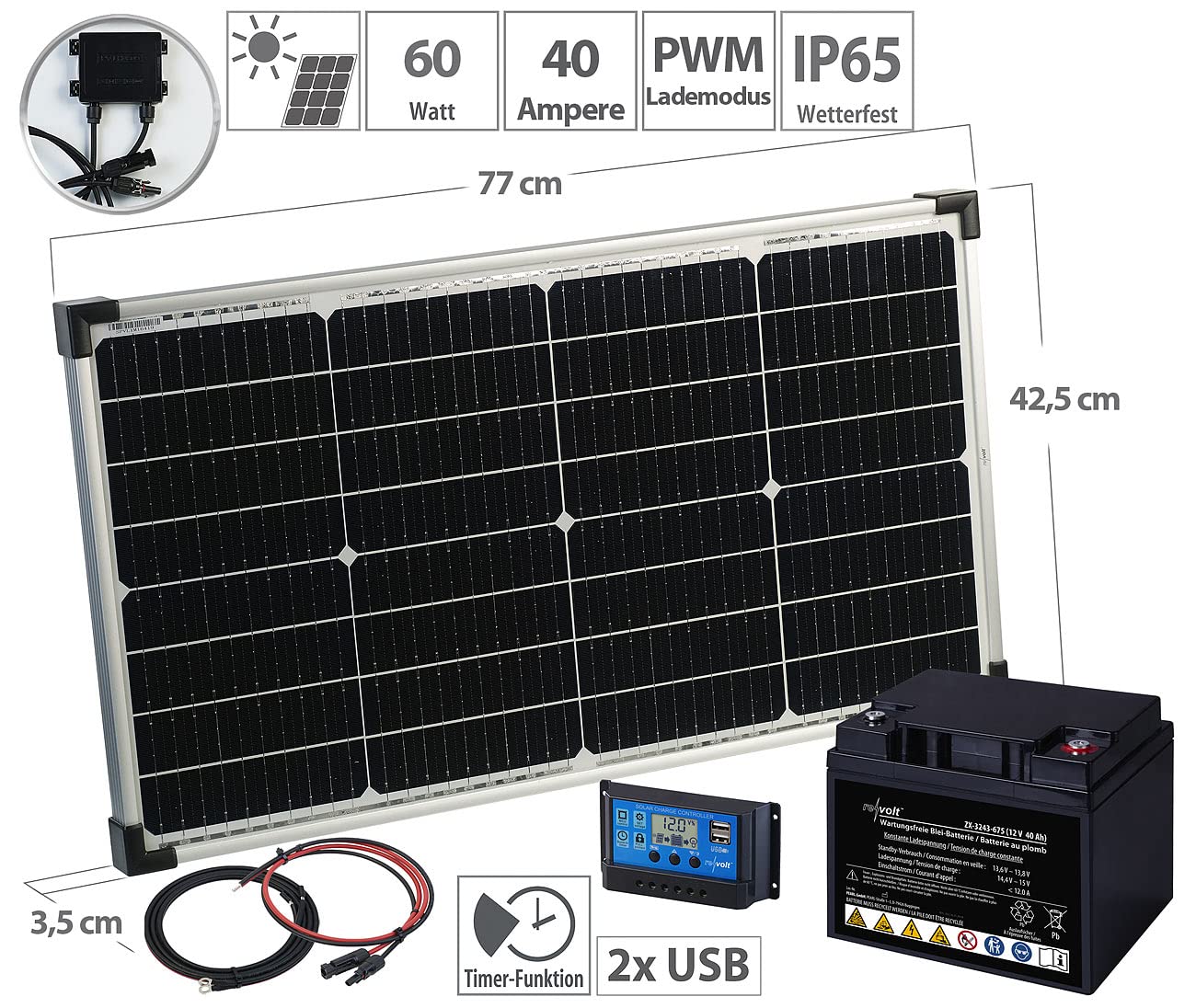 revolt Akku Solar: 60-Watt-Solarpanel mit PWM-Laderegler und Blei-Akku, 480 Wh, 30 A (PV Anlage, Solaranlage 12V, Set)