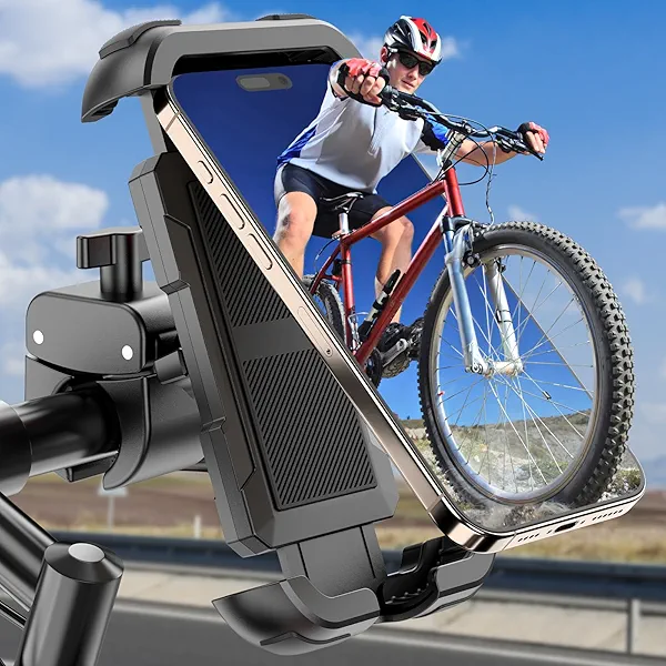 Bike Phone Holder, Motorcycle Phone Mount, [Camera Friendly] [Quick Install] [Double Locked]Clip for Scooter, 360° Rotate Cell Phone Clamp for iPhone 16 15 Pro Max/14/13, Galaxy and More 4.7-7" Phone