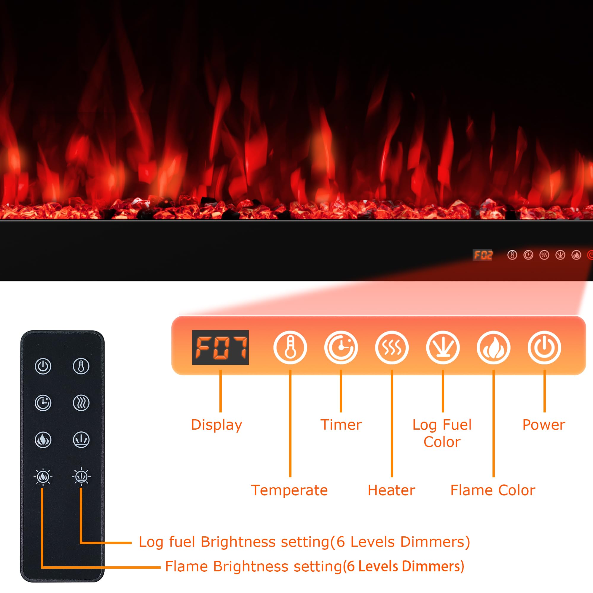 Insertos de chimeneas eléctricas inteligentes de 48 pulgadas, control remoto y pantalla táctil y control por aplicación, calentador de chimenea empotrado y montado en la pared con 3