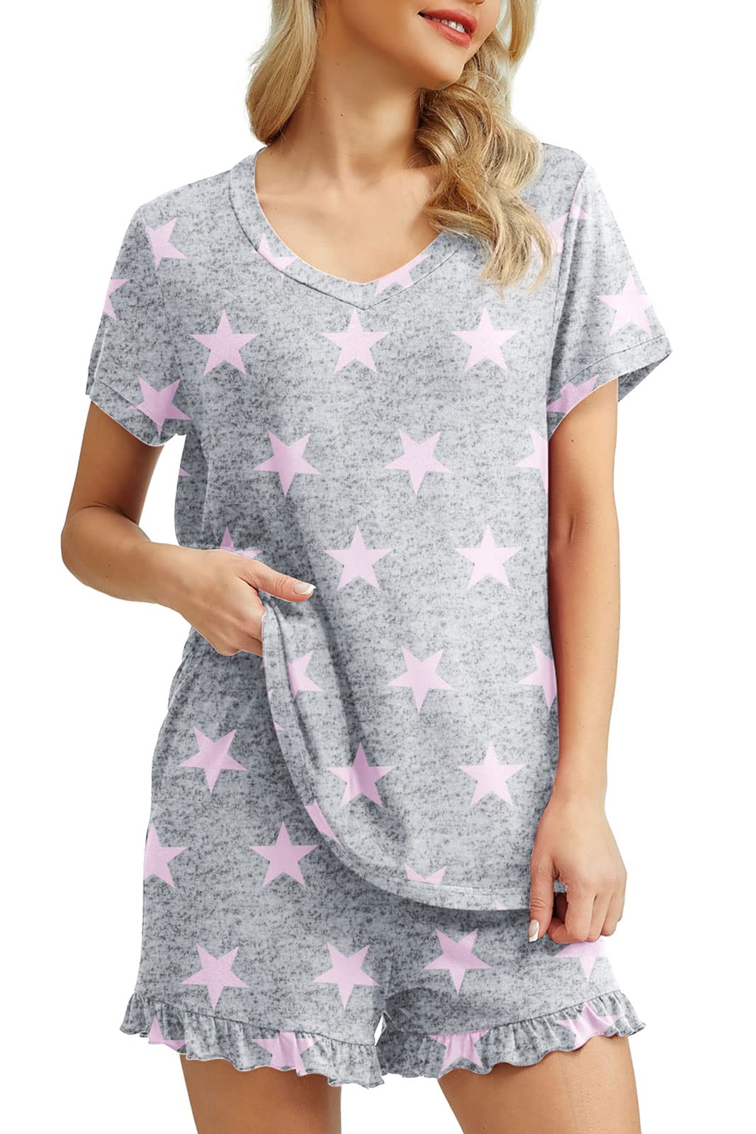 PrinStory Womens Pajamas Set Lounge Sets Short Sleeve Sleepwear Soft Pjs Shorts Set with Pockets