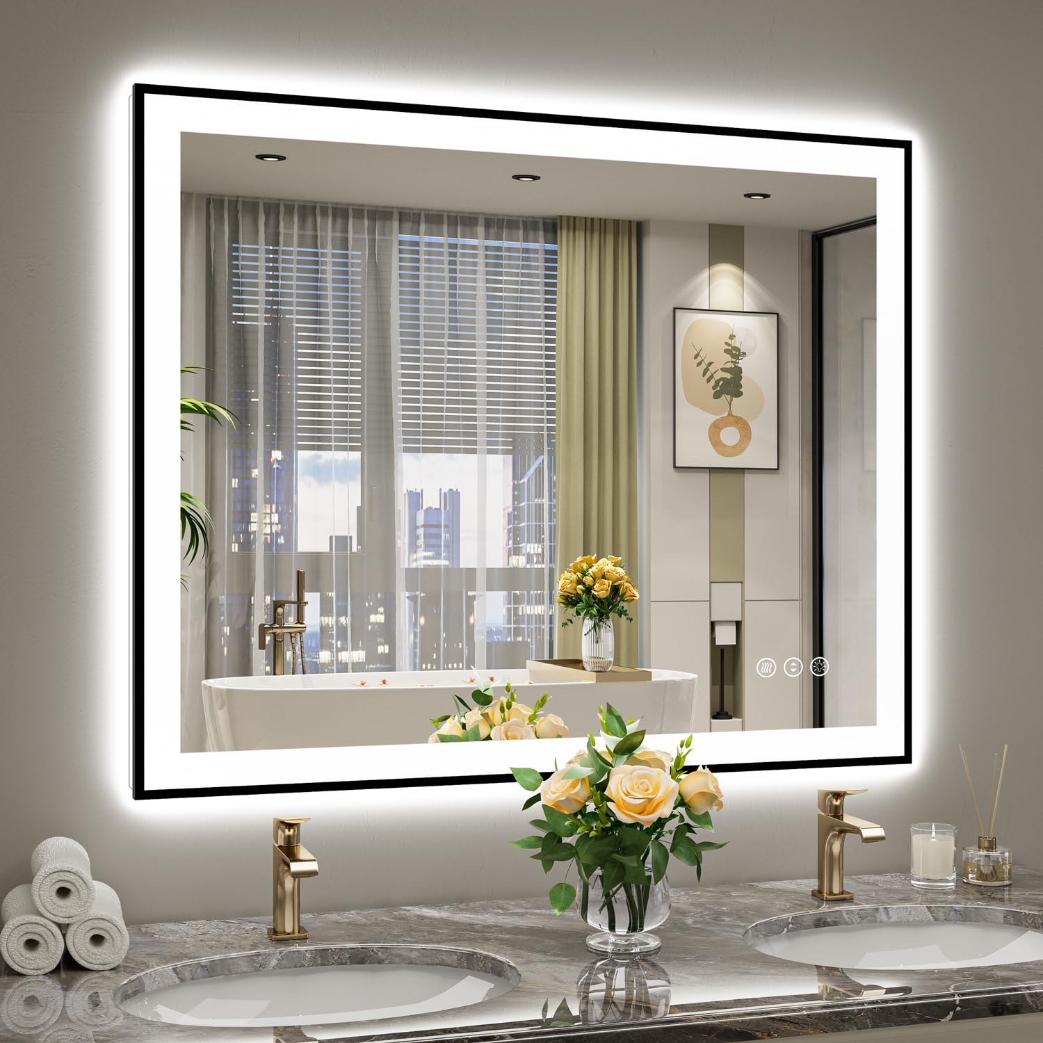 44x36 LED Bathroom Mirror with Lights, Black Framed Lighted Mirror